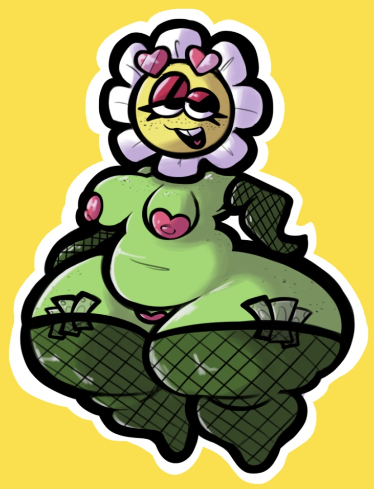 2025, breasts, cumlord, cumlord (artist), dollar, female, fishnet legwear, fishnets, flower, freckles, gardesnorela, goldie (gardesnorela), green skin, half-closed eyes, heart pasties, heart sunglasses, heart-shaped glasses, hyper ass, just coffee, large ass, marigold (pvz), money, money under clothes, oc, original character, pasties, plant, plant girl, plants vs zombies, prostitute, small breasts, tagme, thick thighs, thighhighs, tooth gap, yellow background