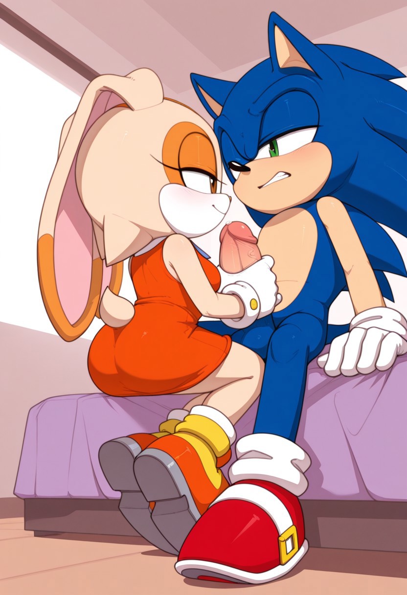 1boy, 1boy1girl, 1girls, ai generated, anguirus12345, balls, blush, clenched teeth, clothed, clothed female nude male, cream the rabbit, erection, female, handjob, hedgehog, humanoid genitalia, humanoid penis, male, penis, precum, sonic (series), sonic the hedgehog, sonic the hedgehog (series)