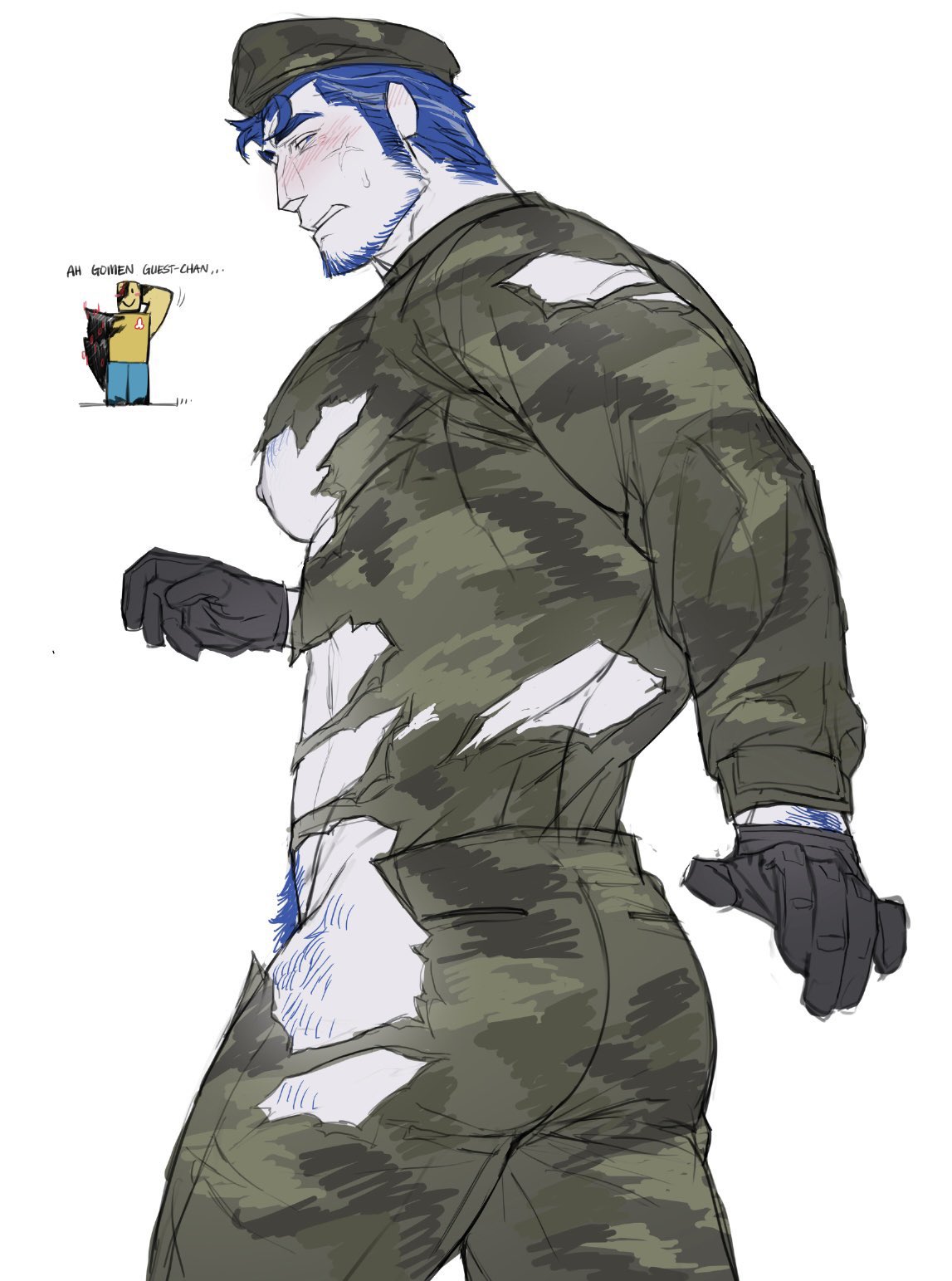 1boy, ass, ass focus, background character, clothed, forsaken (roblox), guest 1337 (forsaken), guest 1337 (the last guest), john doe (forsaken), male, meme, muscular, muscular male, nipples, ripped clothing, roblox, roblox game, robloxian, tagme, ti77yl0ver, ti77ylover