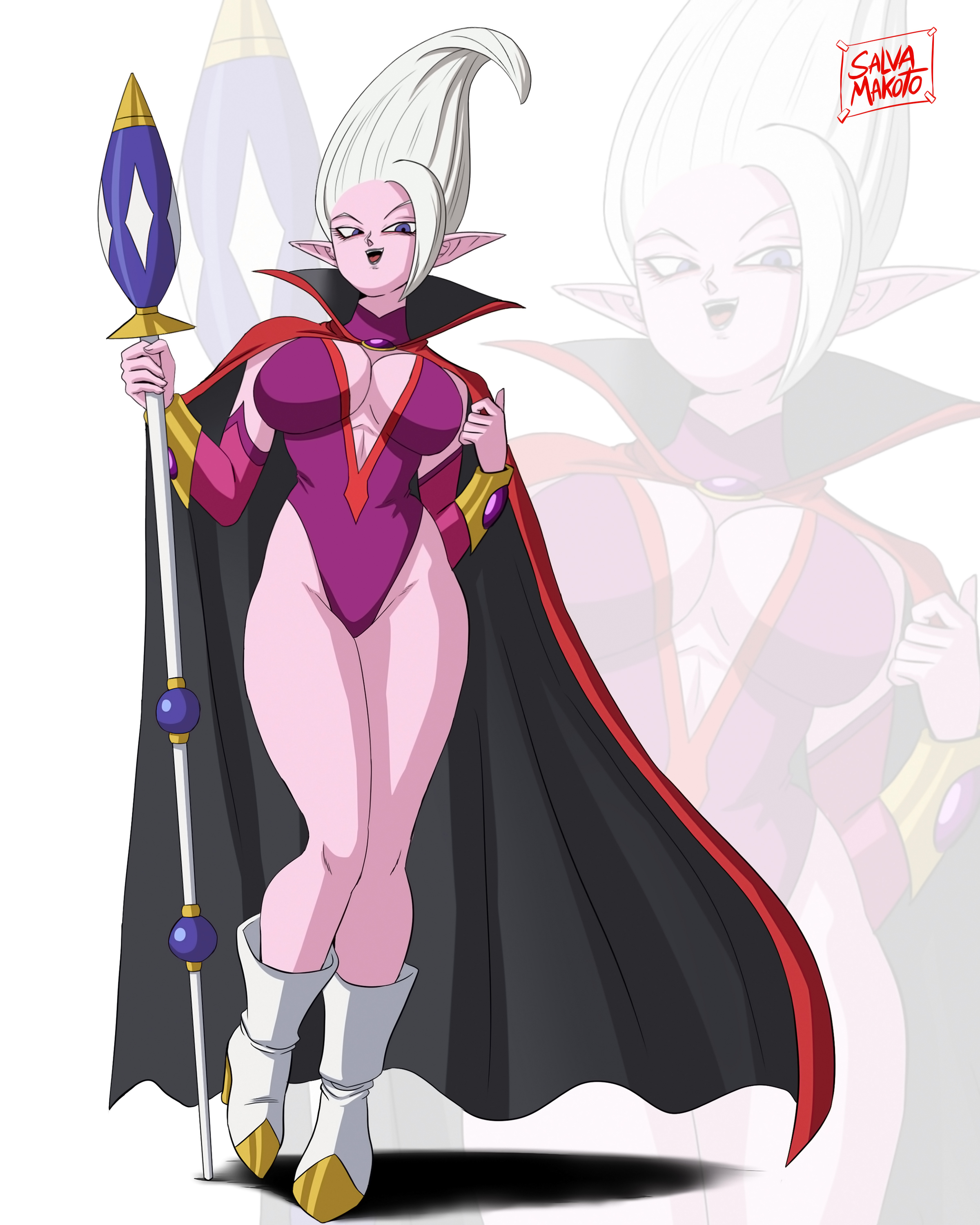 1girls, adorable, adorable female, arinsu, arm sleeves, big breasts, big tits, boots, breasts, broom, broomstick, cape, cute, cute eyes, cute face, cute female, dark gray lips, dark gray lipstick, dr. arinsu, dragon ball, dragon ball daima, dragon ball super, dragon ball z, eyeliner, female, female only, fuchsia arm sleeves, fuchsia clothes, fuchsia clothing, glind, gold handle, gold handles, gray lips, gray lipstick, grey lipstick, handle, handles, high heel boots, high heels, huge breasts, huge legs, huge tits, legs, lipstick, makeup, no bra, no panties, no socks, pink skin, pink skinned female, pointy ears, purple clothes, purple clothing, purple eyes, red cape, red clothes, red clothing, red eyeliner, salvamakoto, sexy, sexy female, sexy pose, tits, white boots, white hair, white-haired female