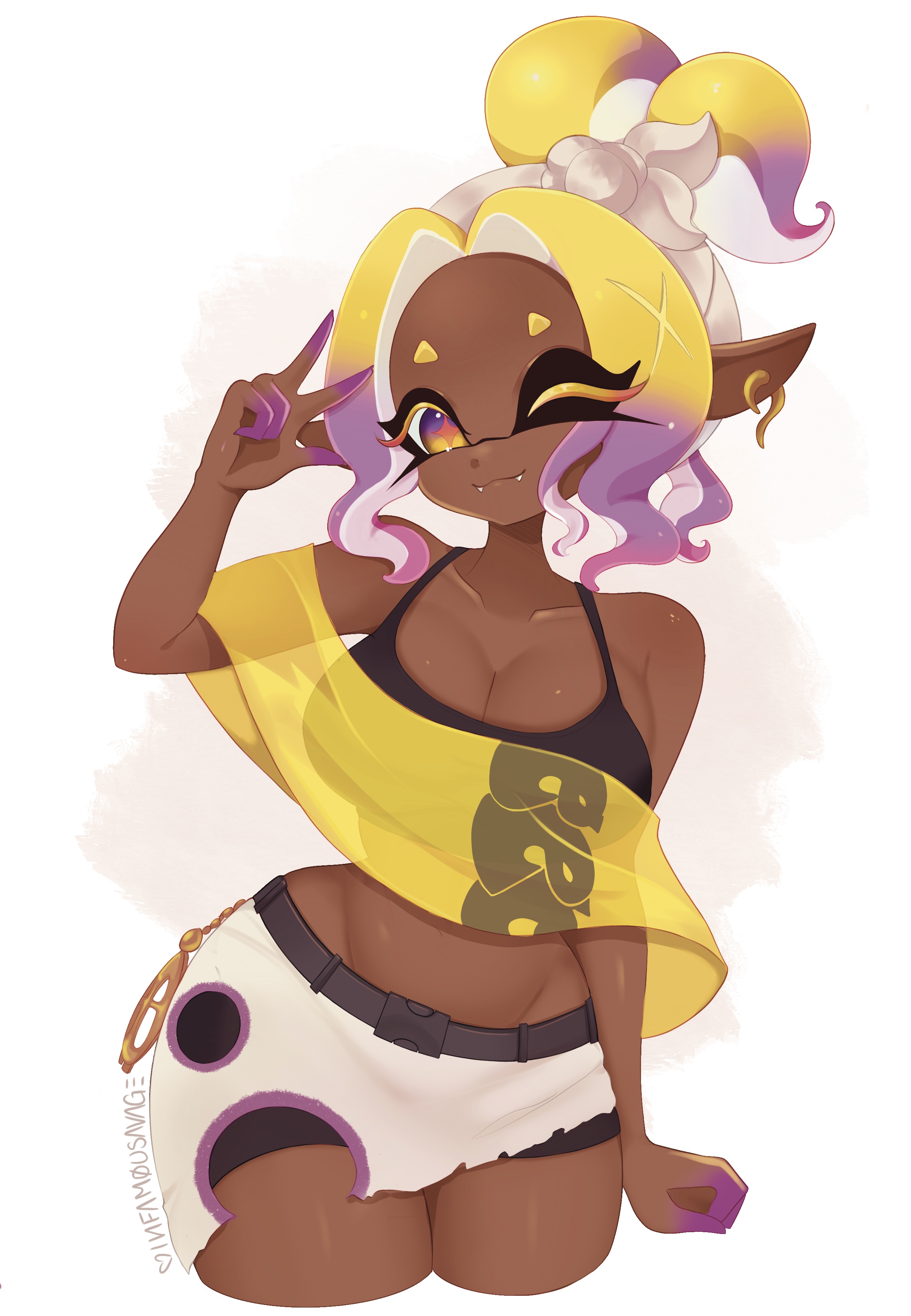 1girls, 2025, breasts, cleavage, female, frye (splatoon raiders), frye (splatoon), infamousavage, large breasts, nintendo, ponytail, splatoon, splatoon (series), splatoon raiders, tentacle hair, thick thighs, wink, winking at viewer