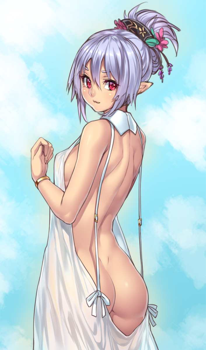 :3, ass, beige skin, bracelet, breasts, color, day, elf, female, female only, hair ornament, highres, houtengeki, jewelry, lavender hair, looking at viewer, looking back, multicolored eyes, no panties, open eyes, original, outdoors, pointy ears, purple eyes, red eyes, sideboob, smile, solo
