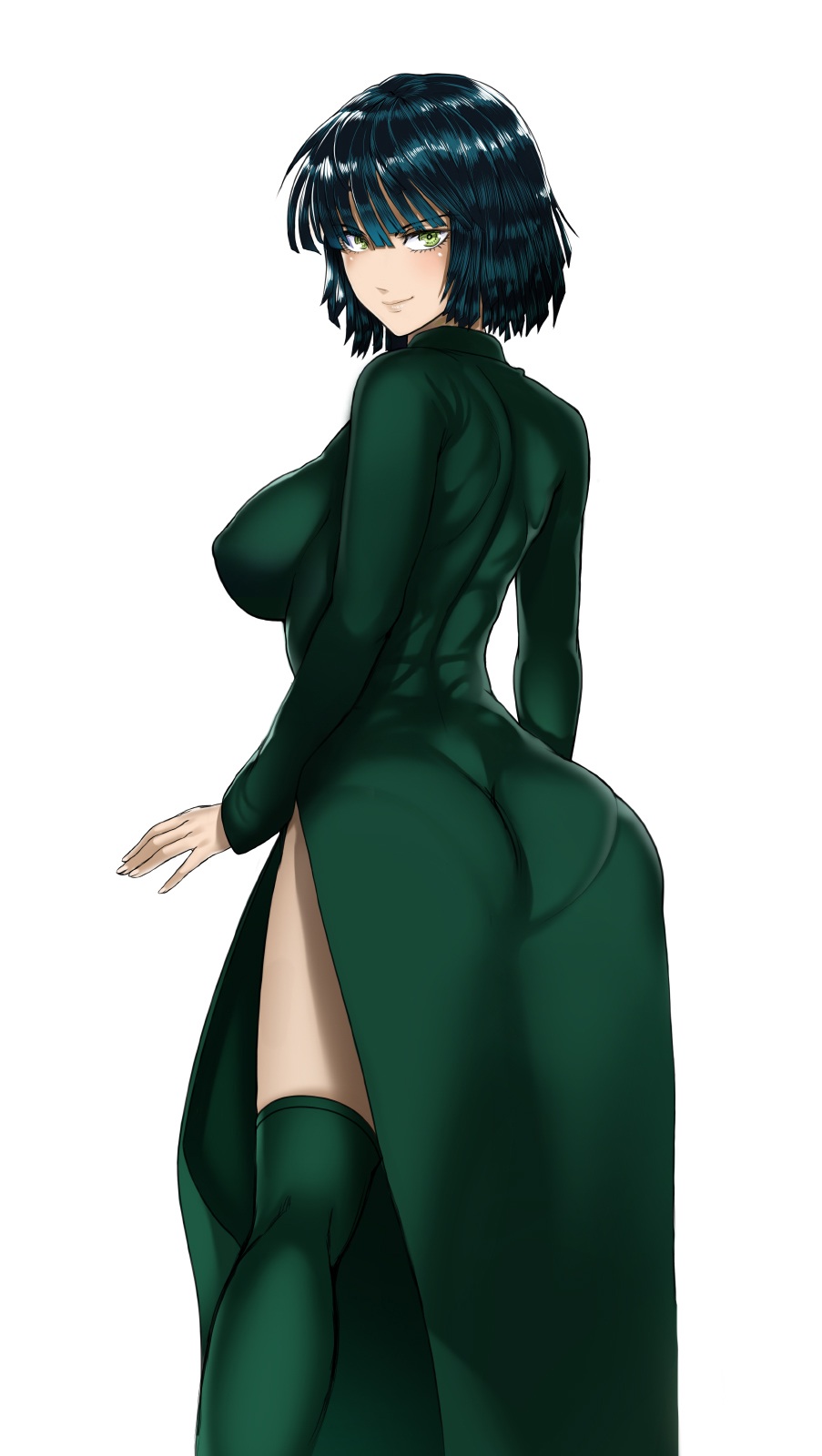 1girls, ass, back, black hair, black-haired female, breasts, dress, female, fubuki (one-punch man), green eyes, hair, huge ass, kneehighs, large breasts, looking at viewer, looking back, nipple bulge, one-punch man, pantylines, shiny hair, smile, thegoldensmurf, tight dress, white background