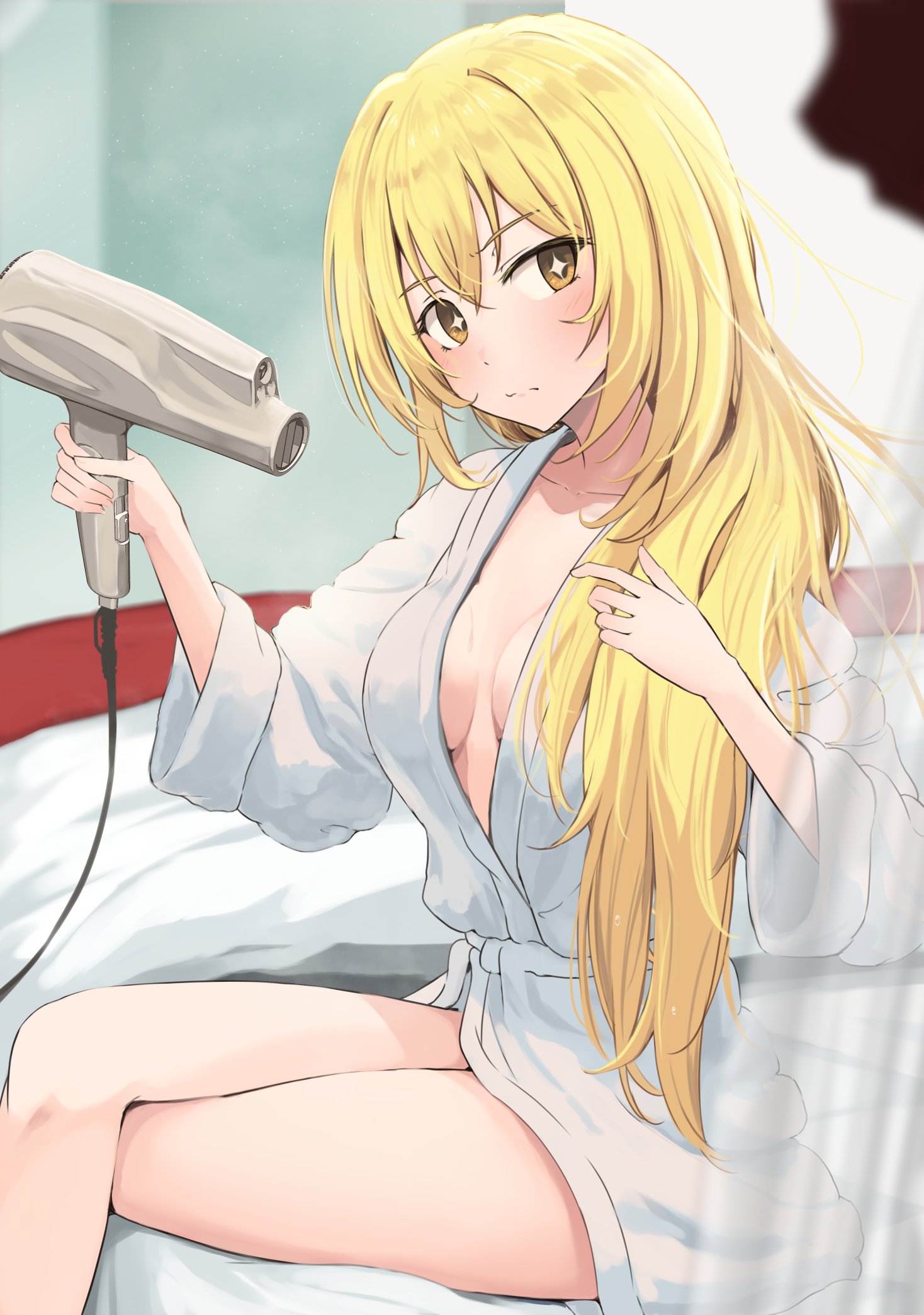 1girls, 2020s, 2024, bathrobe, blonde hair, breasts, closed mouth, crossed legs, drying, drying hair, drying own hair, female, hair between eyes, hair dryer, holding, holding hair dryer, indoors, k3rd, light skin, light-skinned female, long hair, looking at viewer, matching hair/eyes, medium breasts, on bed, shokuhou misaki, sitting, solo, sparkling eyes, teenage female, teenager, to aru kagaku no mental out, to aru kagaku no railgun, to aru majutsu no index, yellow eyes, young, young female