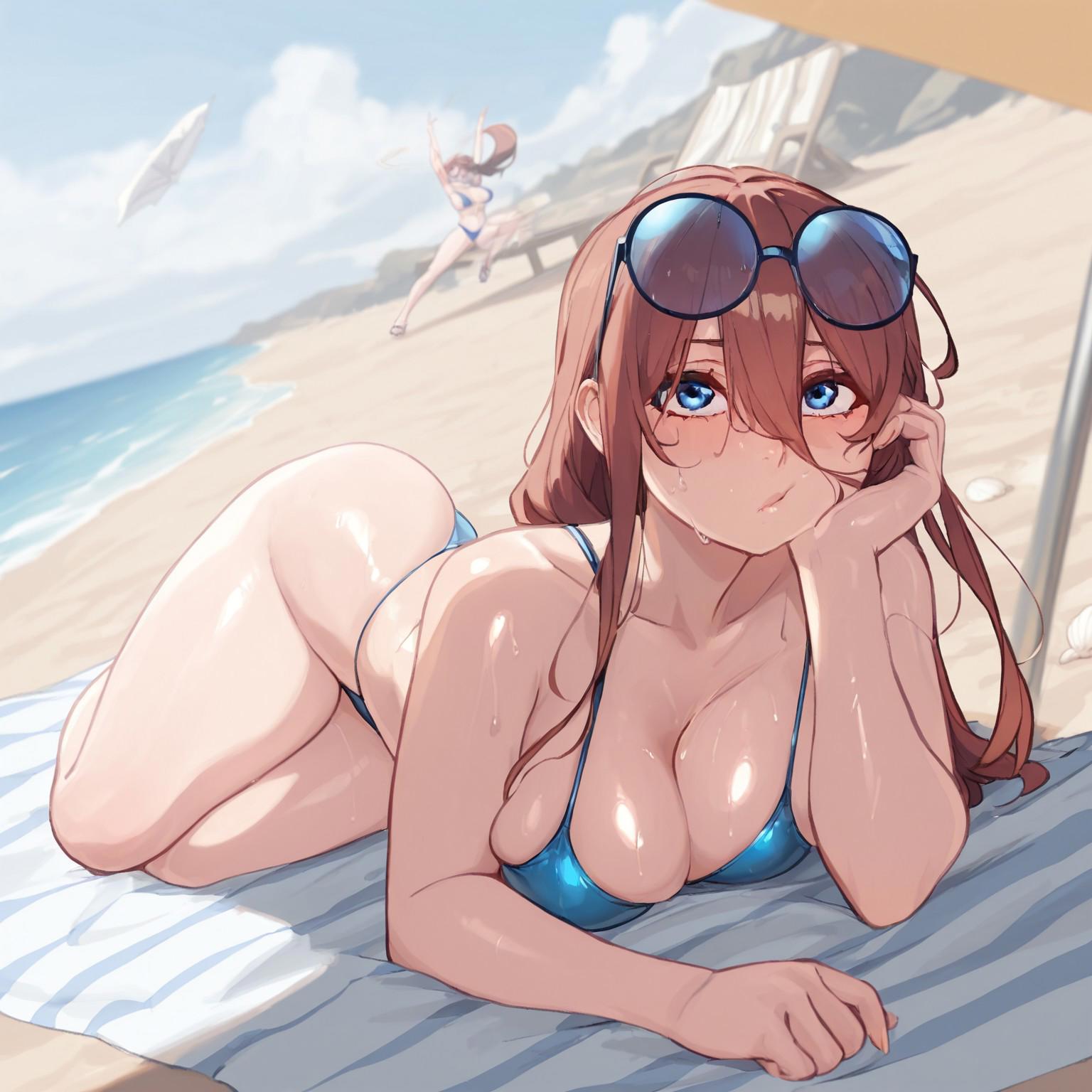 1girls, ai generated, arched back, ass, beach, beach chair, beach umbrella, big ass, big breasts, bikini, blue bikini, blue eyes, blush, book, breasts, brown hair, cute, eyewear, eyewear on head, female, female focus, female only, go-toubun no hanayome, hair between eyes, hi res, high resolution, highres, laying, laying on ground, light skin, light-skinned female, lips, looking at viewer, monekoze, nakano miku, outdoors, outside, pout, pouting, sea, seashell, seaside, shiny skin, sitting, solo, solo female, solo focus, sunglasses, sunglasses on head, sweat, sweaty, sweaty body, thick thighs, thigh gap, thighs, wet, wet body, wet clothes, wet skin