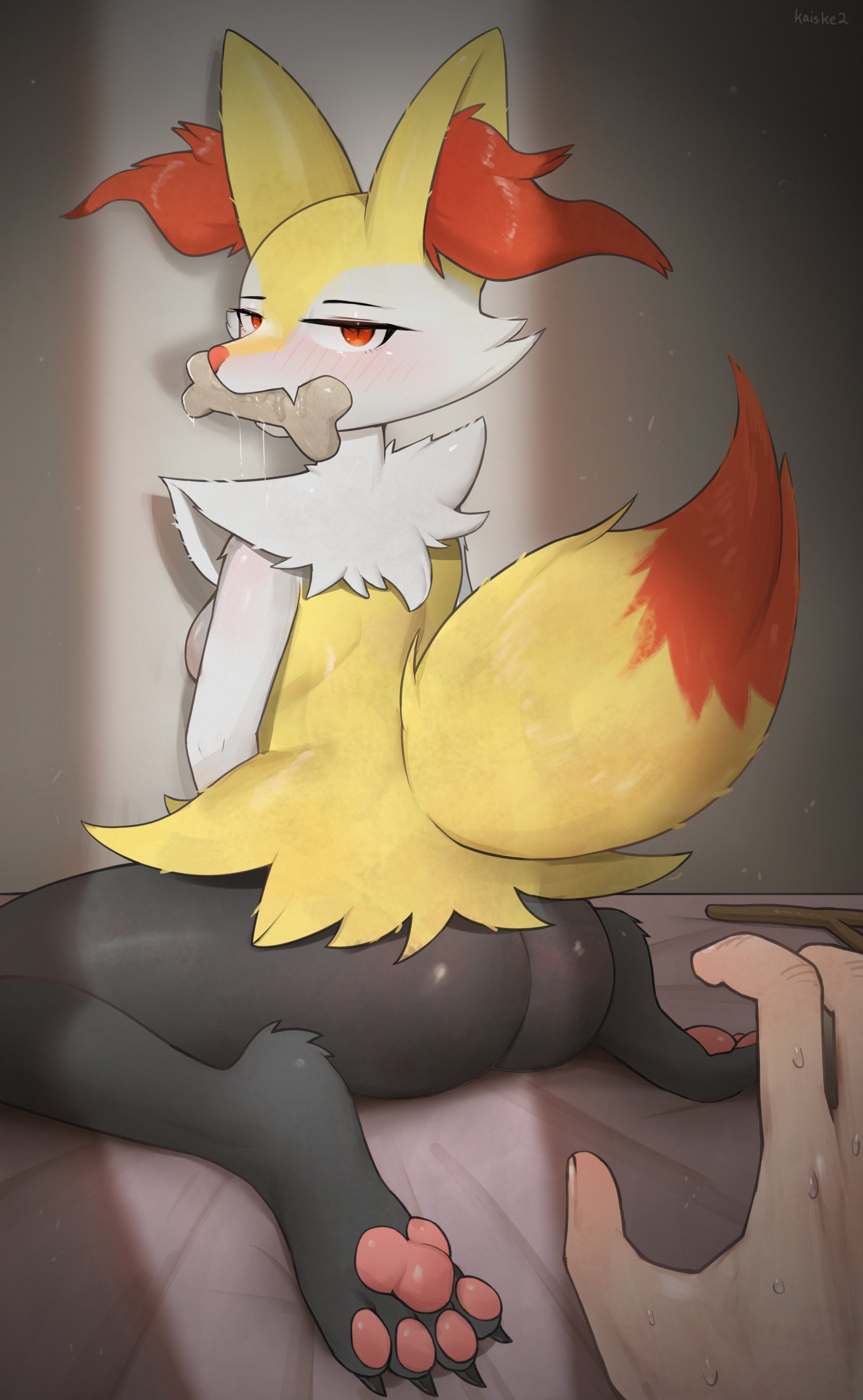 1boy, 1girls, 2025, absurd res, absurdres, anthro, anthro female, anthro focus, anthro on human, ass, ass cleavage, back view, bedroom, bedroom eyes, big ass, black body, black fur, blush, bone, braixen, breasts, cheek tuft, color, colored, completely nude, digital drawing (artwork), digital media (artwork), disembodied hand, eyebrows, female, female focus, fox, fur, furry, furry ears, game freak, generation 6 pokemon, hair, hi res, highres, huge ass, huge ears, huge tail, human, humanoid, imminent sex, indoors, kaiske2, large ass, large butt, large ears, light-skinned male, looking at viewer, looking back, looking back at viewer, male, mammal, multicolored fur, naked, naked female, nervous, nervous male, nintendo, no visible genitalia, nude, nude female, offscreen character, on bed, pawpads, paws, pokémon (species), pokemon, pokemon (species), pokemon xy, rear view, red eyes, red fur, red hair, saliva, shaded, sitting, stick, sweat, sweatdrop, sweating, tail, thighs, tuft, tufted fur, watermark, white body, white fur, yellow body, yellow fur