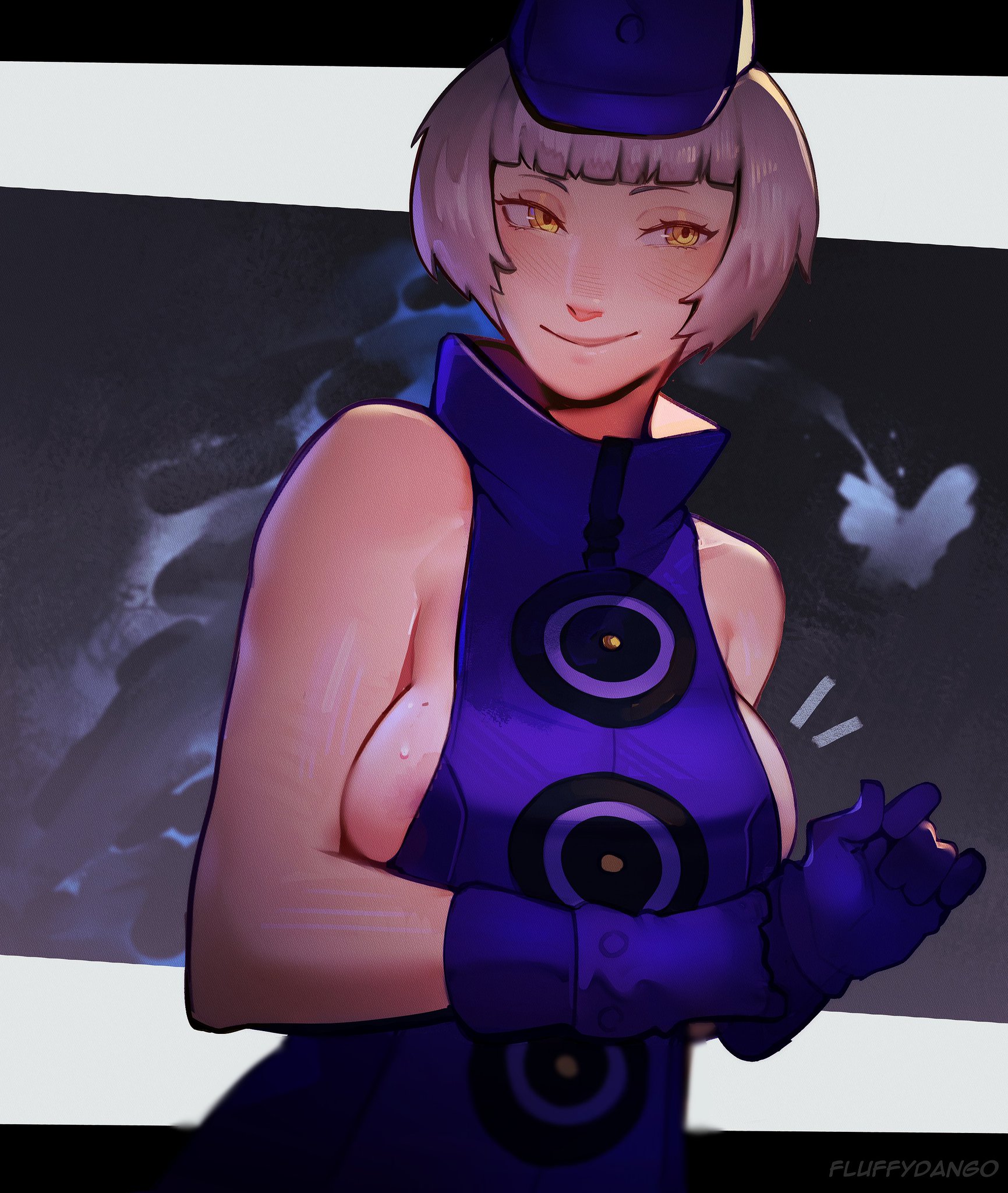 areolae slip, blue cap, blue dress, boob window, elizabeth (persona), fluffydango, gloves, medium breasts, persona, persona 3, short hair, sideboob, sweat, yellow eyes