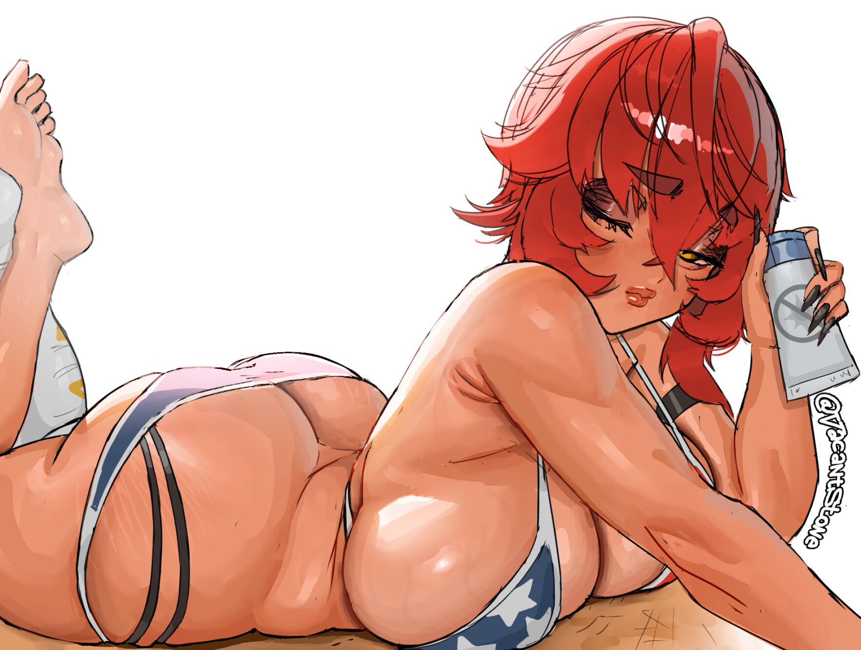 1girls, american flag bikini, ass, ass cleavage, bare shoulders, beach, big ass, big breasts, big butt, bikini, boobs and butt pose, breasts, busty, butt crack, cleavage, female, huge breasts, large ass, large breasts, laying down, laying on stomach, looking at viewer, lying, lying down, lying on stomach, one eye closed, red hair, simple background, solo, solo female, solo focus, sunscreen, vacantstone, virtual youtuber, white background, wink, winking, winking at viewer, yellow eyes, zentreya, zentreya (cowboy bikini)
