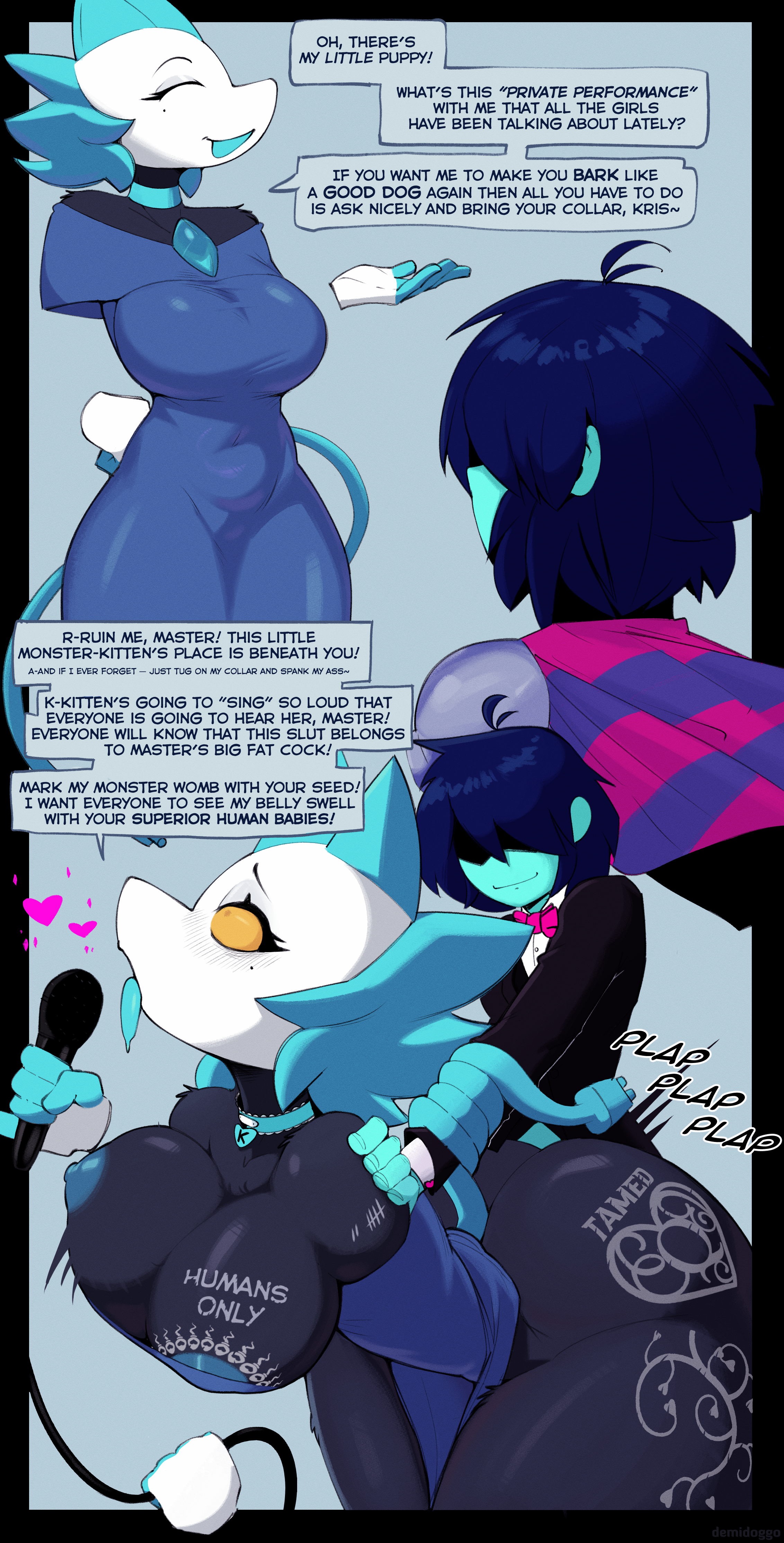 1boy, 1girls, 2025, 2d, 2d (artwork), alternate version available, anthro, anthro focus, ass, before and after, begging for cum, big ass, big breasts, blue areola, blue theme, body writing, bottomless female, breasts, breasts out, breasts out of clothes, collar, collared, cum inside request, deltarune, demidoggo, dialogue, dominant male, exposed breasts, female, femsub, from behind, grabbing from behind, hidden eyes, huge ass, huge breasts, human, human dominating, human dominating anthro, human dominating humanoid, human is better, human supremacy, humaned, imminent sex, impregnation request, instant loss 2koma, jiggling breasts, kris (deltarune), large ass, large breasts, male, maledom, mole, mole under eye, movement lines, partially clothed, plap, plapping, plapping big butt, pussy, sex, small dom big sub, tail wrap, tally marks, tasque manager (deltarune), tasque manager (gala dress) (deltarune), tattoo, tattoo on butt, tattoo on chest, text, thick thighs, thighs, tongue, tongue out, unseen eyes, vaginal penetration, voluptuous, voluptuous female