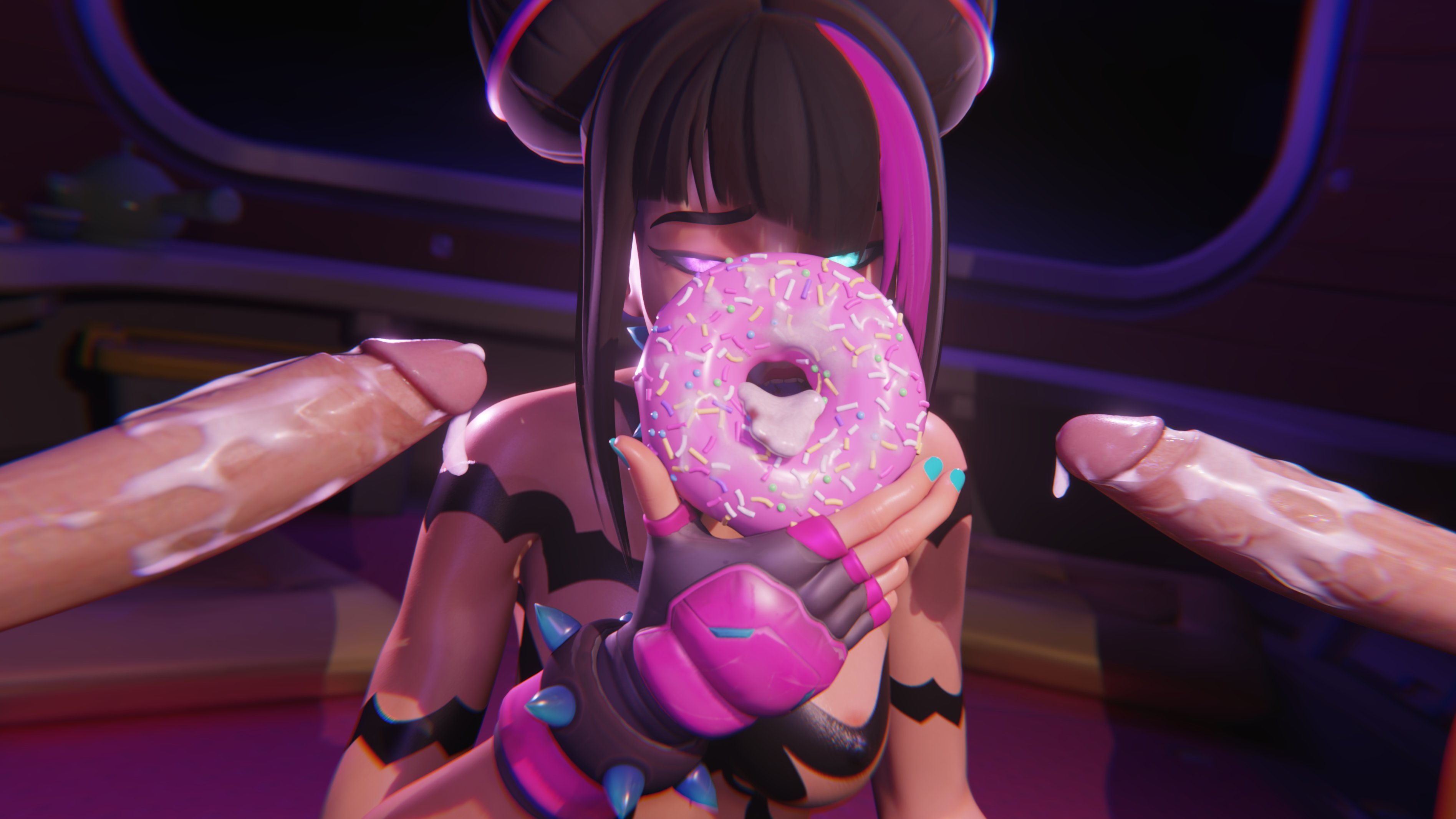 1girls, 2boys, 3d, asian, asian female, black hair, capcom, cum, cum eating, cum on food, cum on penis, donut, eating cum, erection, female, food play, juri han, juri han (cosplay), juri kiriko, kiriko (overwatch), light skin, light-skinned female, light-skinned male, male, overwatch, overwatch 2, penis, shibarademu, street fighter