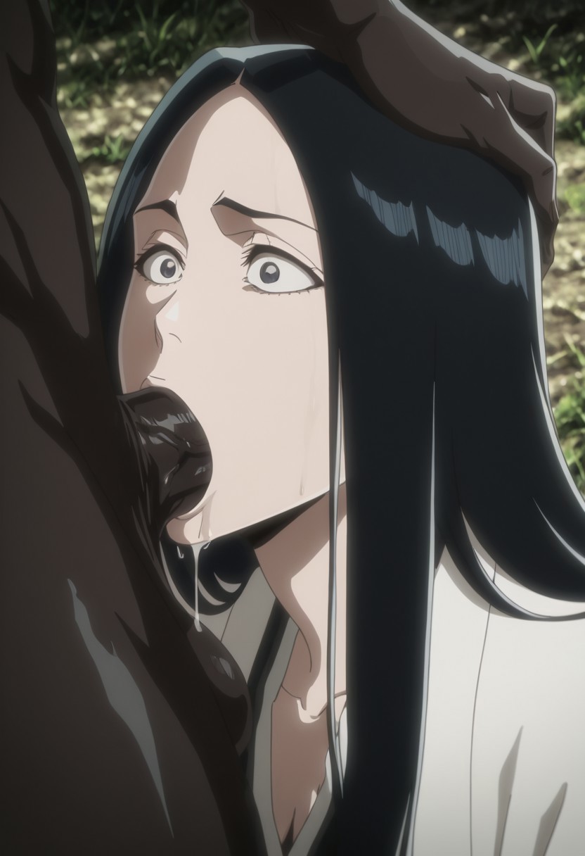 1boy, 1girls, ai generated, balls, big penis, black hair, black penis, bleach, bleach: the thousand-year blood war, blowjob, dark skin, dark-skinned male, deepthroat, drooling, fellatio, female, hand on head, haori, head grab, kimono, large penis, light-skinned female, long hair, male, novaro1337, oral, oral sex, penis, shocked, shocked expression, testicles, unohana retsu, unohana yachiru