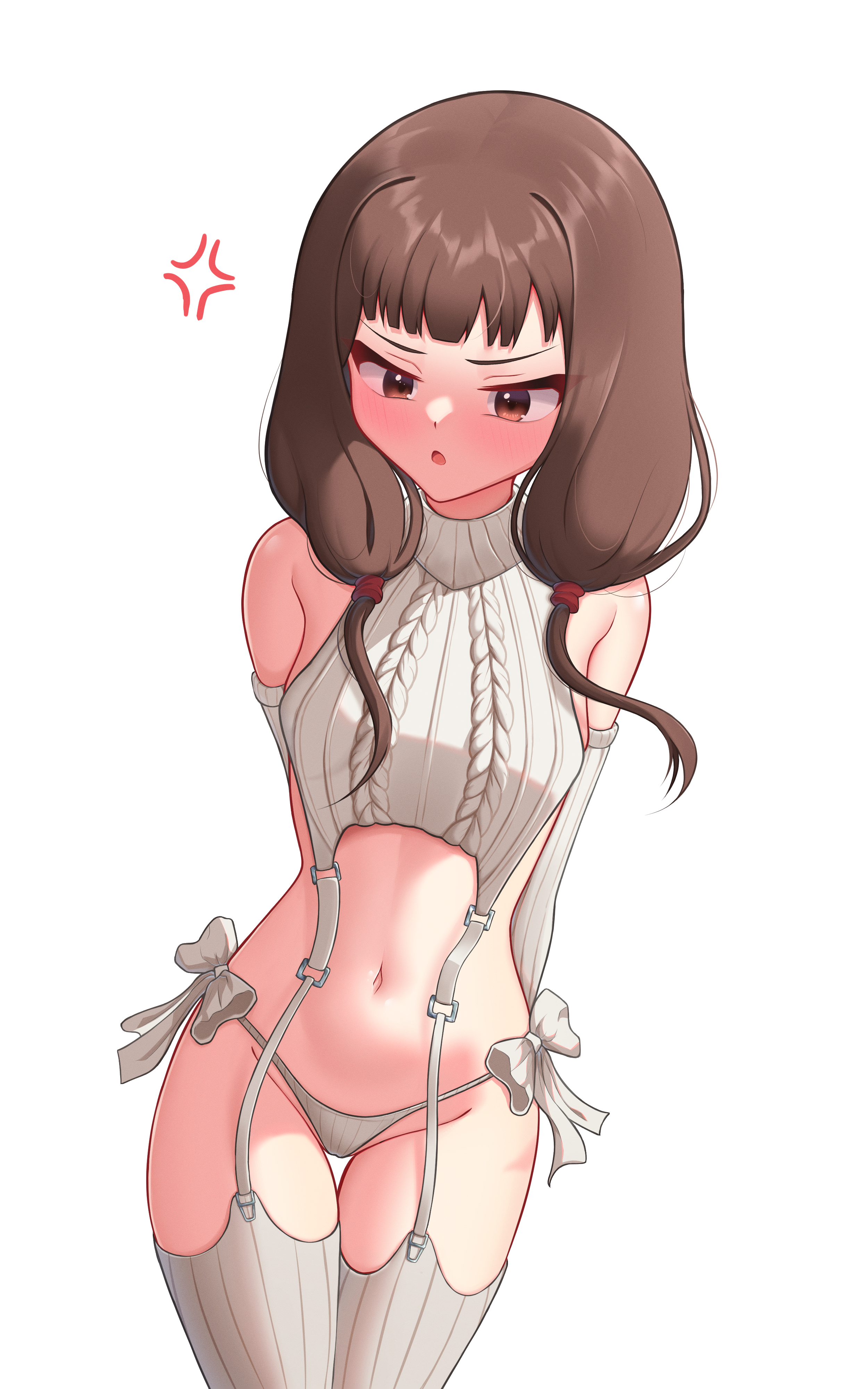 1girls, angry, angry expression, angry eyebrows, angry face, bare belly, bare hips, bare midriff, bare navel, bare shoulders, bare skin, belly, belly button, blush, blush face, blushing female, breasts, brown eyebrows, brown eyes, brown hair, brown-eyed female, brown-haired female, curvaceous, curvaceous body, curvaceous female, curvaceous figure, curvaceous hips, curvaceous teenager, curvaceous thighs, curvy, curvy body, curvy female, curvy figure, curvy hips, curvy thighs, digital, digital art, digital drawing, digital drawing (artwork), digital media, digital media (artwork), elbow gloves, embarrassed, embarrassed expression, embarrassed female, exposed belly, exposed hips, exposed midriff, exposed navel, exposed shoulders, exposed skin, female, female focus, female only, flustered, flustered female, frown, frown eyebrows, frowning, garter straps, gloves, grey elbow gloves, grey gloves, grey legwear, grey panties, grey stockings, grey thigh highs, grey thighhighs, grey underwear, groin, hair tie, high resolution, high school student, highres, iino miko, inguinal crease, inguinal ligament, kaguya-sama wa kokurasetai ~tensai-tachi no renai zunousen~, lean figure, legwear, long hair, midriff, moriforests, narrow waist, navel, open mouth, panties, parted lips, petite, petite body, petite breasts, petite female, red hair tie, schoolgirl, shoulders, side-tie panties, simple background, skinny, skinny female, slender body, slender waist, slim, slim waist, small breasts, solo, standing, stockings, teenage female, teenager, thigh gap, thigh highs, thighhighs, thighs, tongue, twintails, twintails (hairstyle), underwear, upper body, white background, wide hips, young female, young woman
