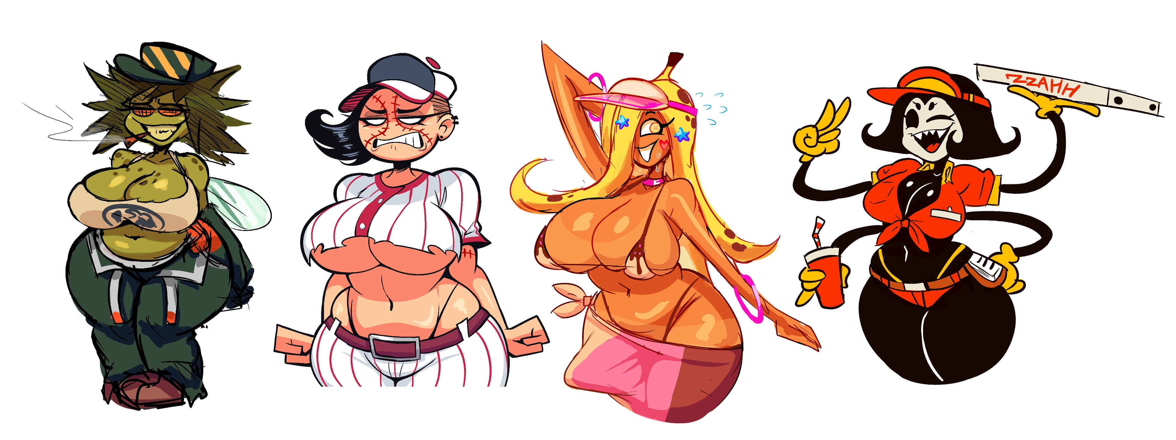 1futa, 4 arms, 4 eyes, 4girls, androjuniarto, banana, baseball, baseball cap, baseball uniform, black hair, blonde hair, breasts, cap, clothing, female, fly gal (androjunitaro), futanari, gloves, hat, huge booty, huge breasts, intersex, long hair, original character, partially clothed, simple background, spider, spider girl