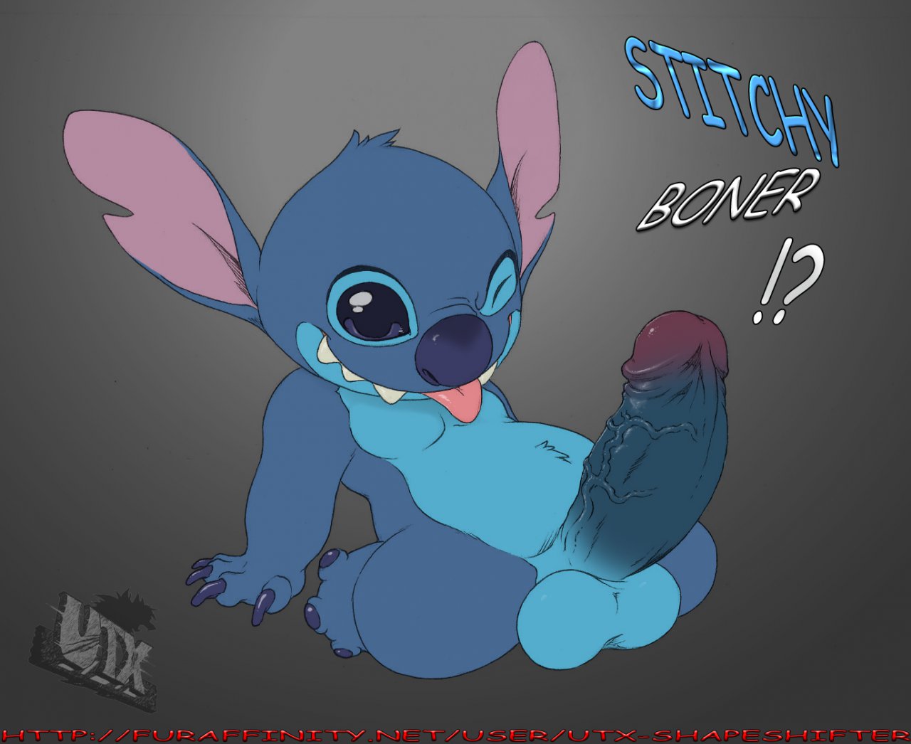 alien blue blue_eyes blue_fur blue_skin disney erect_penis erection experiment_(species) fangs fur furry grey_background kneeling large_penis lilo_and_stitch male male_only no_nipples penis solo stitch testicles text tongue tongue_out utx-shapeshifter veins veiny_penis