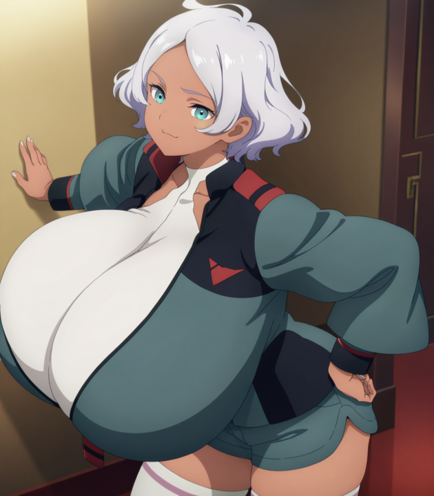 1girls, absurdres, ai generate, ai generated, areola, ass, asticassia school uniform, bangs, bare shoulders, belly, big ass, big breasts, big butt, big thighs, bimbo, blush, bottom heavy, breast expansion, breast growth, breast growth (enlargement), breast suppress, breasts, bulge, cameltoe, collarbone, covered nipples, covering breasts, cowboy shot, curvaceous, curvy, dark skin, dark-skinned female, elmenois, expansion, fake breasts, female, female focus, female only, full body, fully clothed, fully clothed female, gigantic breasts, green eyes, gundam, gundam suisei no majo, gyaru, hands on breasts, hi res, high resolution, highres, hips, hourglass figure, huge ass, huge breasts, huge butt, huge thighs, hyper breasts, inflation, inminent sex, large breasts, leotard, lips, looking at viewer, nipples, no bra, open clothes, open mouth, oppai, pov, pov eye contact, progression, pussy, school uniform, secelia dote, short hair, smile, solo, solo female, solo focus, standing, standing female, thick ass, thick thighs, thighhighs, thighs, transformation, uncensored, undersized clothes, upper body, voluptuous, voluptuous female, white hair, white leotard