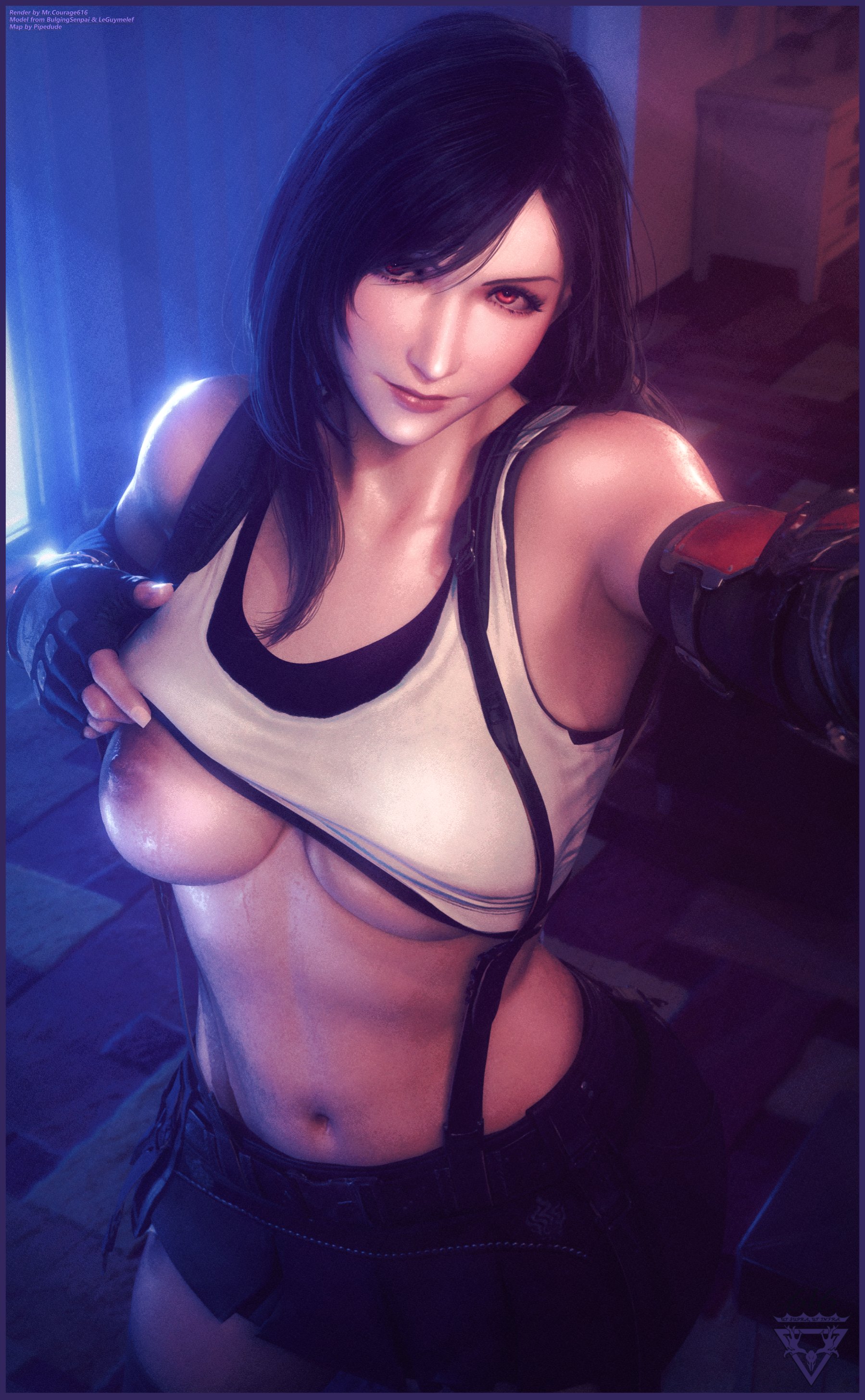 3d, final fantasy, final fantasy vii, lifting shirt, looking at viewer, mrcourage616, tifa lockhart