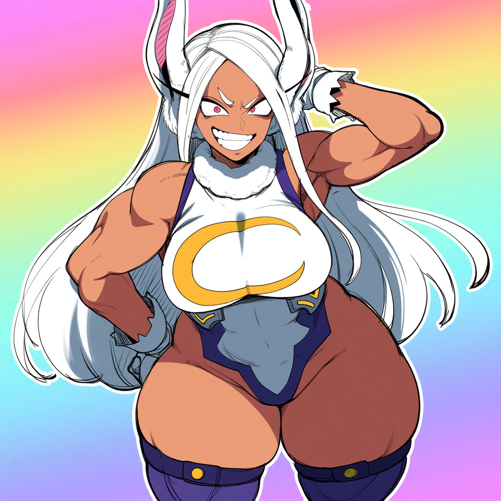 1girls, ai generated, bare shoulders, big breasts, breasts, crazy eyes, curvy, dark skin, dark-skinned female, female, female only, gloves, hips, huge breasts, large breasts, leotard, long hair, miruko, mullon, muscular, muscular female, my hero academia, rabbit ears, rabbit girl, red eyes, rumi usagiyama, sleeveless, smile, solo, tan body, thick thighs, thighhighs, thighs, white gloves, white hair, wide hips