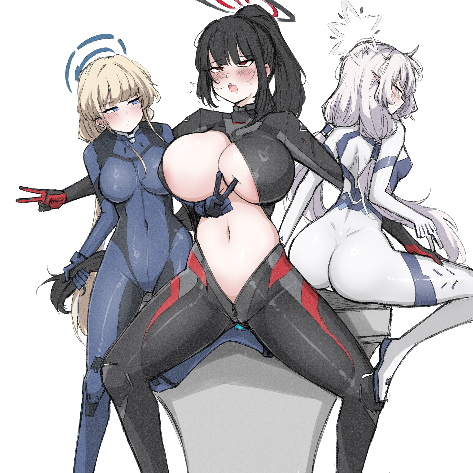 3girls, areola slip, ass, back, black hair, blonde hair, blue archive, blue eyes, blush, bodysuit, breasts, cleavage, closed mouth, commentary request, drooling, halo, highres, himari (armed) (blue archive), himari (blue archive), large breasts, long hair, multiple girls, nanashi (pixiv 98920795), navel, open mouth, ponytail, rio (armed) (blue archive), rio (blue archive), sitting, spread legs, toki (armed) (blue archive), toki (blue archive), v, very long hair, white hair