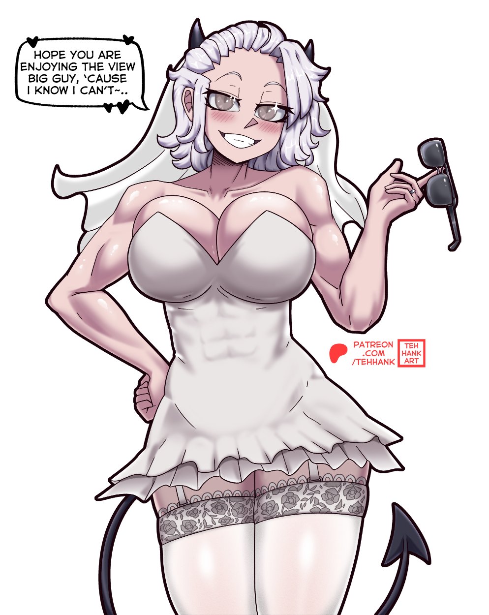 1girls, alternate version available, big breasts, blind, blush, breasts, cleavage, clothing, demon, demon girl, demon horns, demon tail, dress, english, english text, female, female only, garter straps, hair, helltaker, holding object, horns, huge breasts, justice (helltaker), lace, lace-trimmed thighhighs, legwear, muscles, muscular, muscular female, short dress, short hair, smile, solo, solo female, spoken heart, sunglasses, sunglasses removed, tail, tehhank, text, thighhighs, thighs, veil, wedding dress, wedding veil, white dress, white hair, white thighhighs