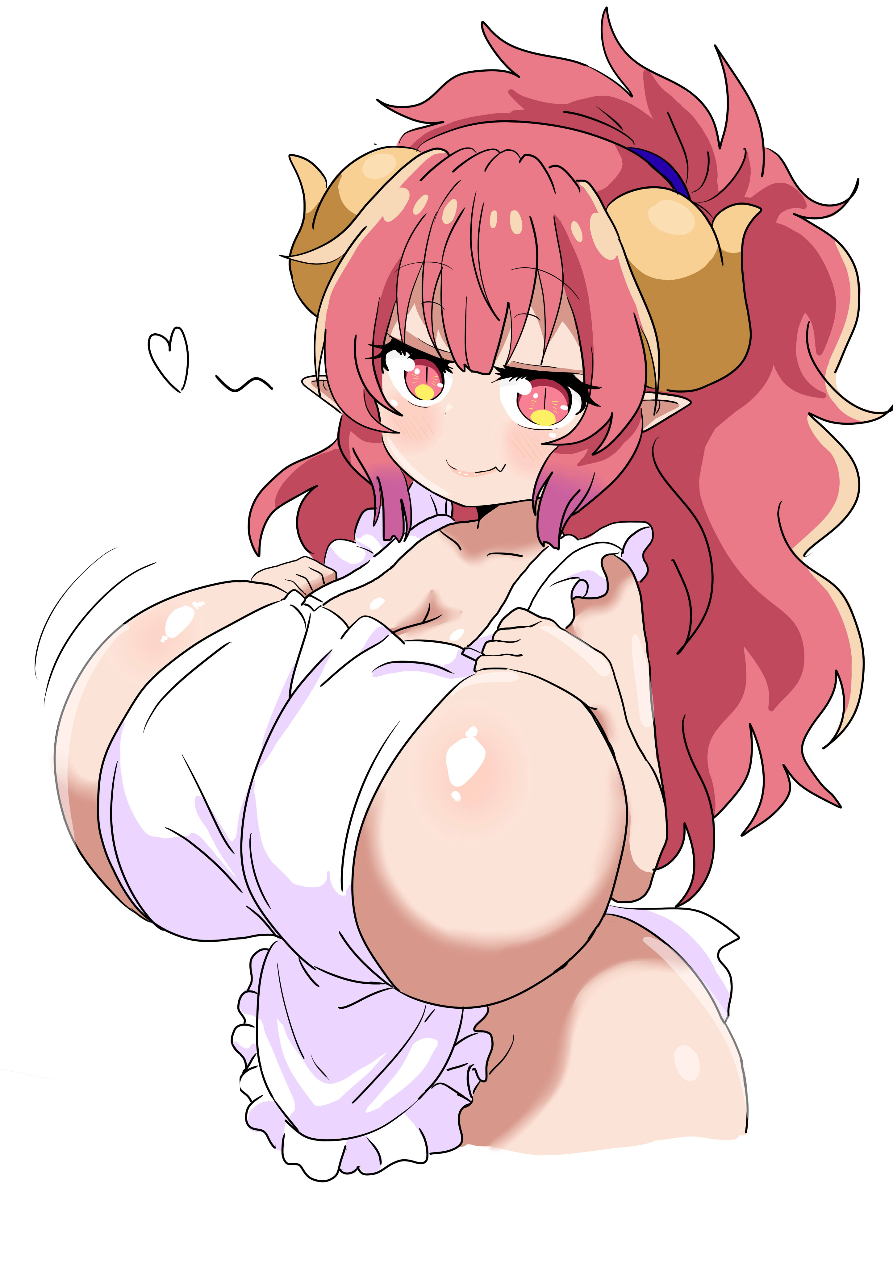 1girls, apron, apron only, blush, dragon, dragon girl, dragon horns, dragon humanoid, female, hi res, high resolution, highres, horn, horned humanoid, horns, humanoid, ilulu, ilulu (dragon maid), ilulu (maidragon), kobayashi-san chi no maidragon, long hair, miss kobayashi's dragon maid, naked apron, pink eyes, pink hair, pointy ears, short stack, shortstack, slit pupils, small but busty, solo, solo female, solo focus, tagme, voluptuous, voluptuous female, yami neko