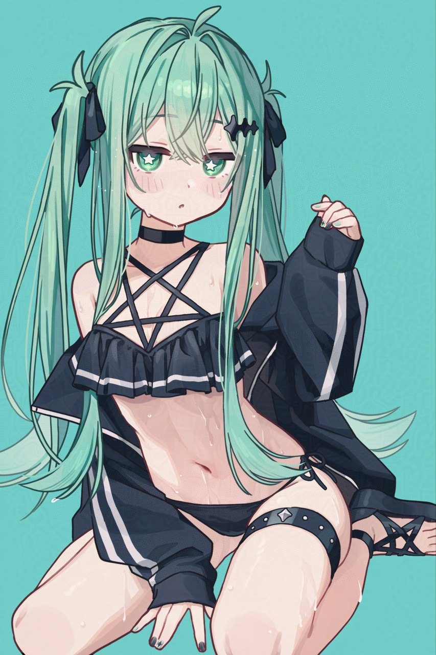 1girl, aqua background, bikini, black bikini, black choker, black jacket, blue hair, blush, breasts, choker, female, female only, frilled bikini, frills, goth, green eyes, green hair, hair ornament, hair ribbon, hatsune miku, jacket, long hair, long sleeves, looking at viewer, nail polish, navel, off shoulder, open clothes, open jacket, ribbon, sandals, side-tie bikini bottom, simple background, sitting, solo, swimsuit, symbol-shaped pupils, thigh strap, twintails, vocaloid, wariza, wet