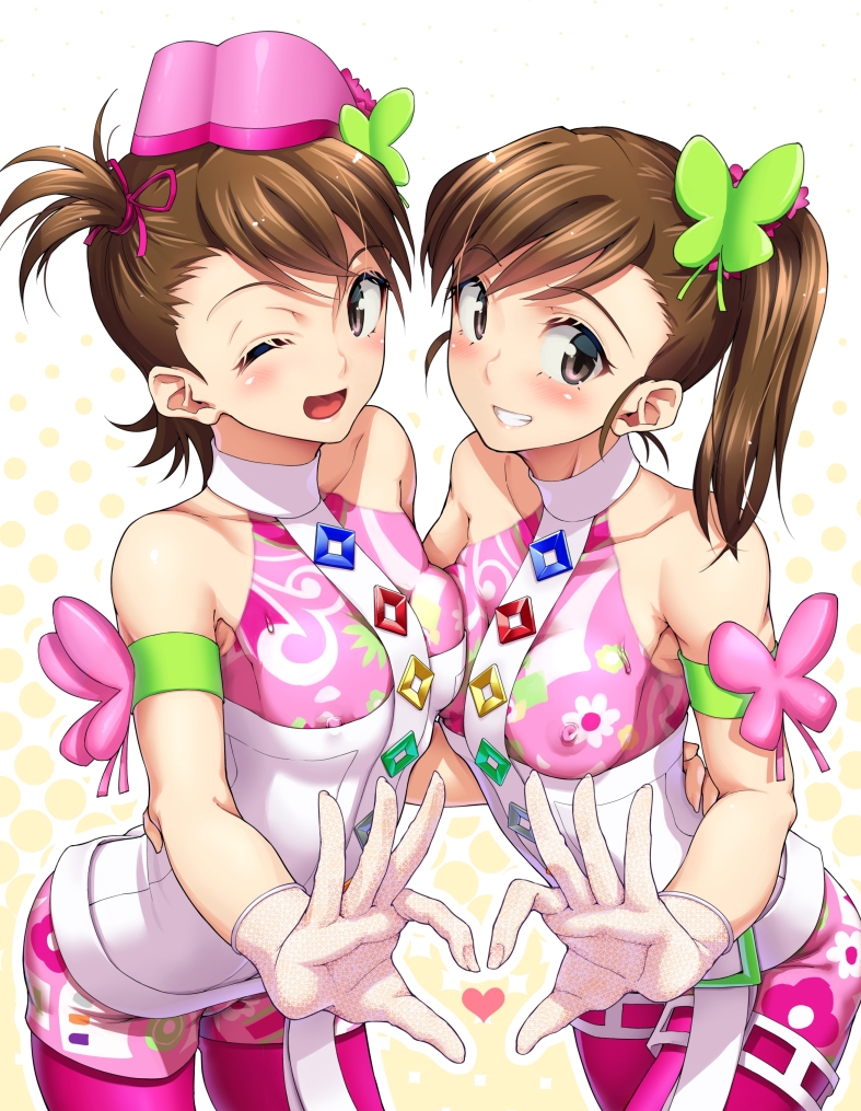 2girls aya_shachou bare_shoulders bodypaint breast_press breasts brown_eyes brown_hair clothing futami_ami futami_mami gloves hat idolmaster multiple_girls nipples painted_clothes pantyhose princess_melody_(idolmaster) short_hair shorts siblings side_ponytail smile sweat twins wink