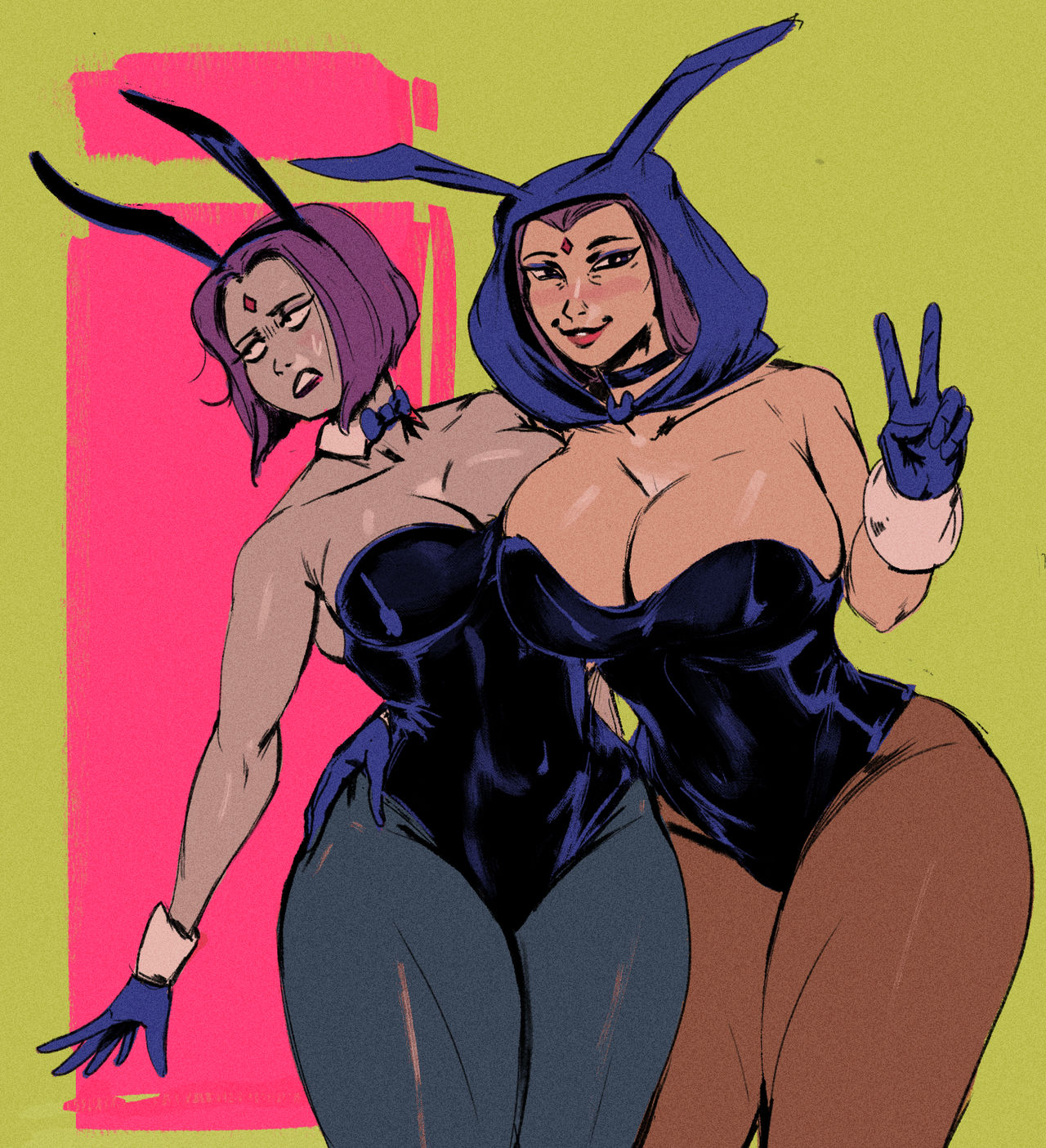 2girls, arella roth, blush, bowtie, breasts, bunny ears, bunnysuit, choker, cleavage, dc, dc comics, embarrassed, female, female only, gloves, hand on hip, hood, hood up, huge breasts, jewel, jewel on forehead, leotard, makeup, milf, mother and daughter, peace sign, purple hair, raven (dc), red lipstick, redblacktac, shiny clothes, shiny skin, simple background, stockings, sweat, sweatdrop, thick ass, thick legs, thick thighs