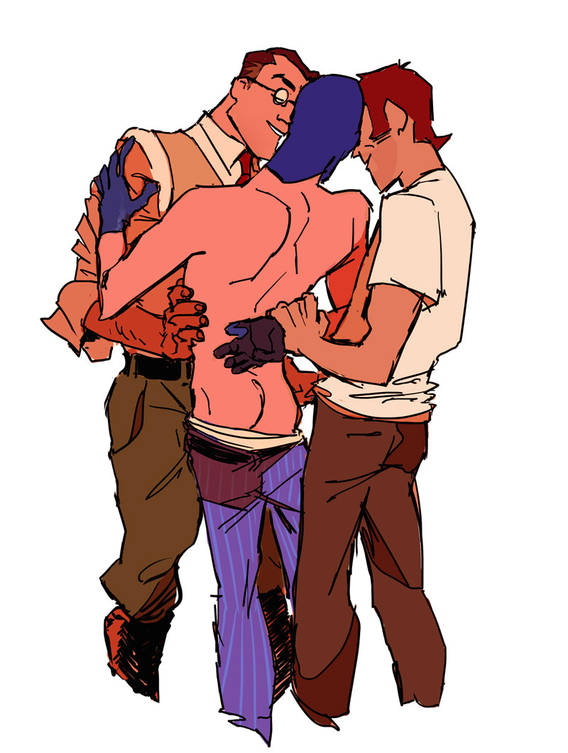 arm behind back, arms behind back, ass, ass focus, gay, grabbing arm, grabbing wrists, hand on chest, hand on stomach, imminent sex, male, male only, medic (team fortress 2), pants around thighs, pants down, sandwiched, shirtless, si0rane, skinny male, slender waist, sniper (team fortress 2), spy (team fortress 2), suggestive, suggestive look, team fortress 2, tf2, thin waist, threesome, topless male, whispering into ear, yaoi