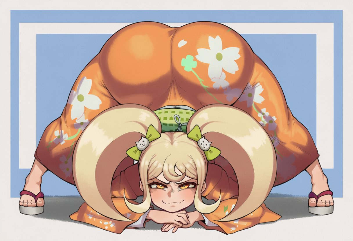 :3, 1girls, ai generated, ass, ass up, big ass, blonde hair, blush, bow, danganronpa, danganronpa 2: goodbye despair, female, floral print, full body, geta, goghkunn, hair ornament, huge ass, jack-o pose, japanese clothes, kimono, long hair, looking at viewer, orange kimono, saionji hiyoko, sandals, shortstack, smile, solo, twintails