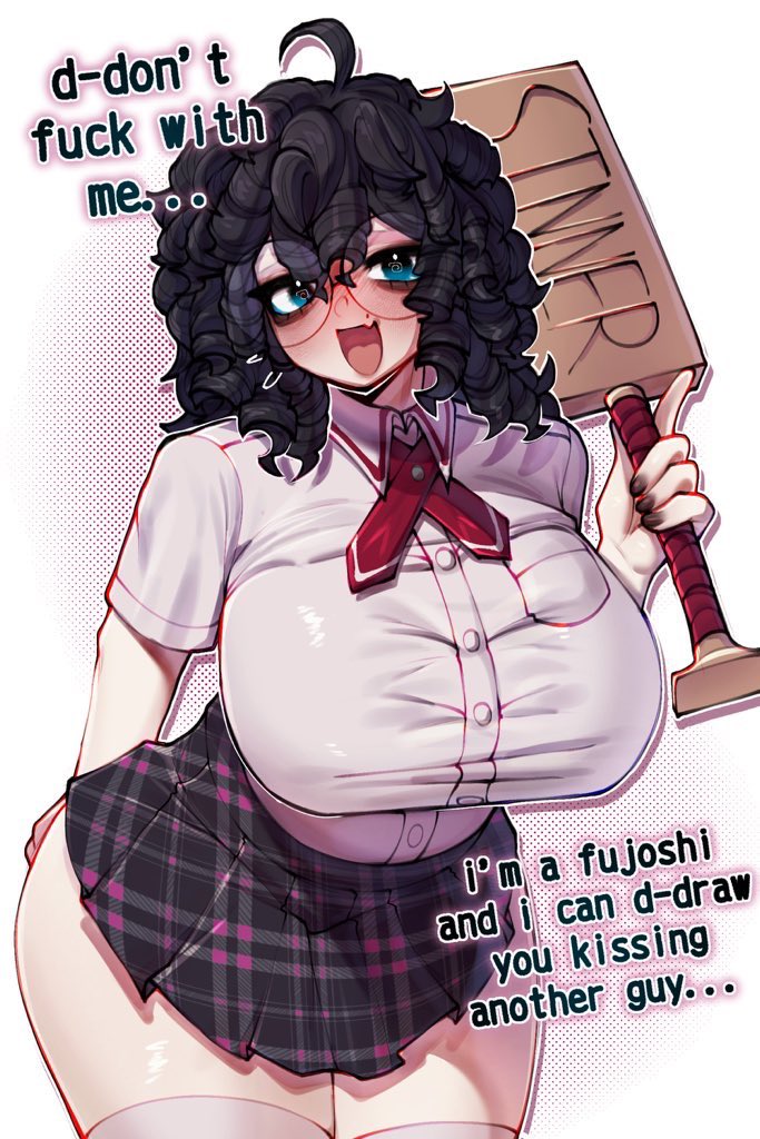 @ @, 1girls, 2d, 2d (artwork), ahoge, big breasts, black eyes, black hair, black nails, blue eyes, breasts, curly hair, cute fang, dialogue, dress shirt, embarrassed, female, female only, glasses, hagoita, miniskirt, mole, nail polish, paddle, painted nails, plaid skirt, pleated skirt, renata11033, round glasses, school uniform, shirt, skirt, solo, spiral eyes, swirly eyes, text, thick thighs, thighhighs, white shirt, white thighhighs