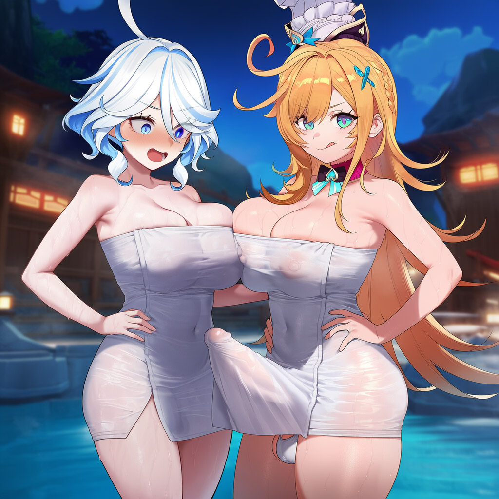:q, 1futa, 1girls, ahoge, ai generated, armpits, balls, big breasts, blonde hair, blue eyes, blush, breasts, cleavage, duo, erection, erection under clothes, escoffier (genshin impact), eyebrows visible through hair, female, furina (genshin impact), futa on female, futanari, genshin impact, green eyes, hand on hip, huge breasts, intersex, large breasts, large penis, licking lips, light-skinned female, light-skinned futa, long hair, multiple females, multiple girls, naked towel, night, onsen, outdoors, penis, racerai, smile, surprised, testicles, thick thighs, tongue, tongue out, towel, yuri