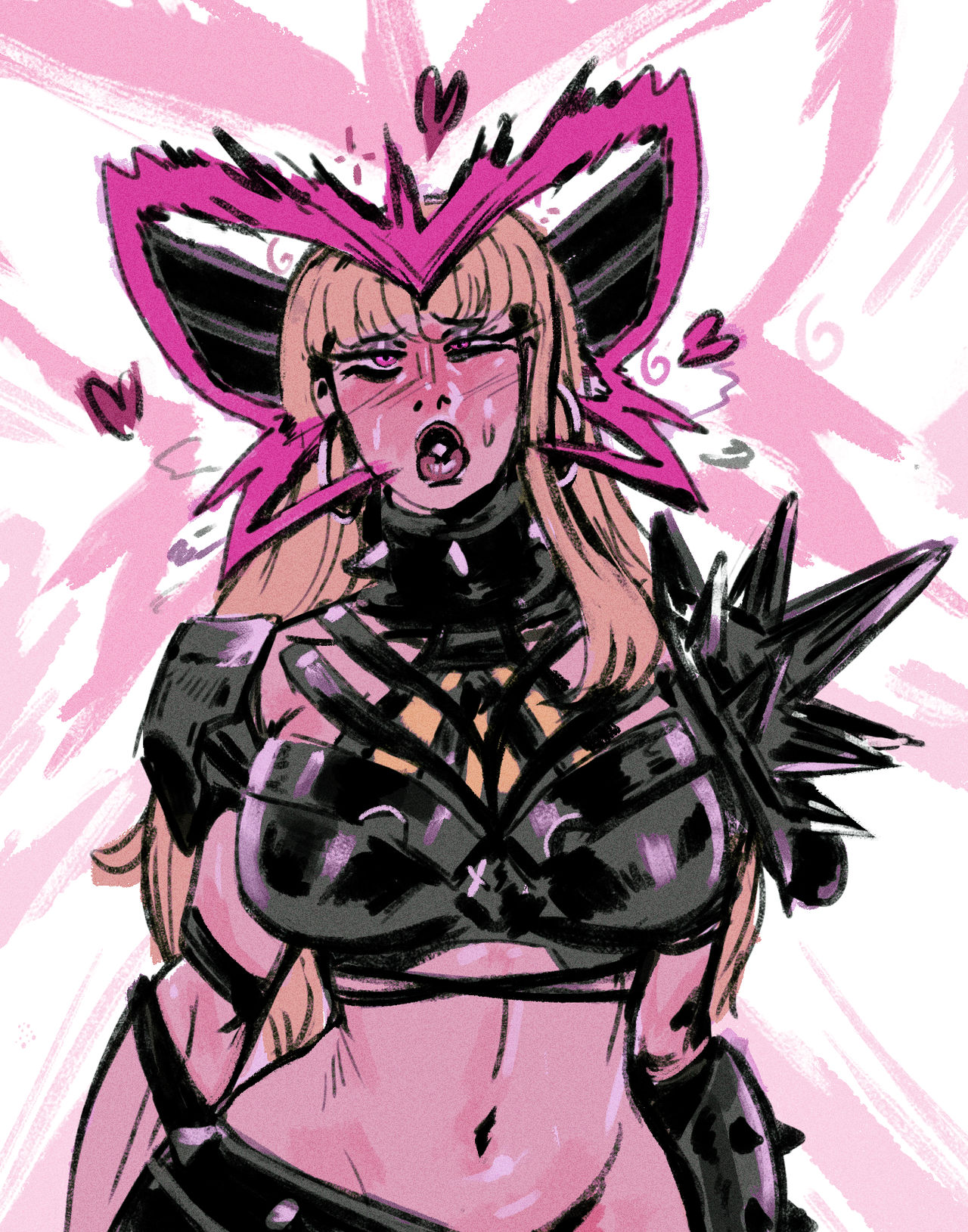 armor, belly, bimbo, bimbo lips, bimbofication, blush, brain drain, breasts, exposed midriff, female, heart, heart symbol, hourglass figure, huge breasts, hypnosis, magik (illyana rasputin), magik (marvel rivals), marvel, marvel comics, marvel rivals, mind control, navel, pink eyes, pursed lips, redblacktac, simple background, unseen character, unseen female