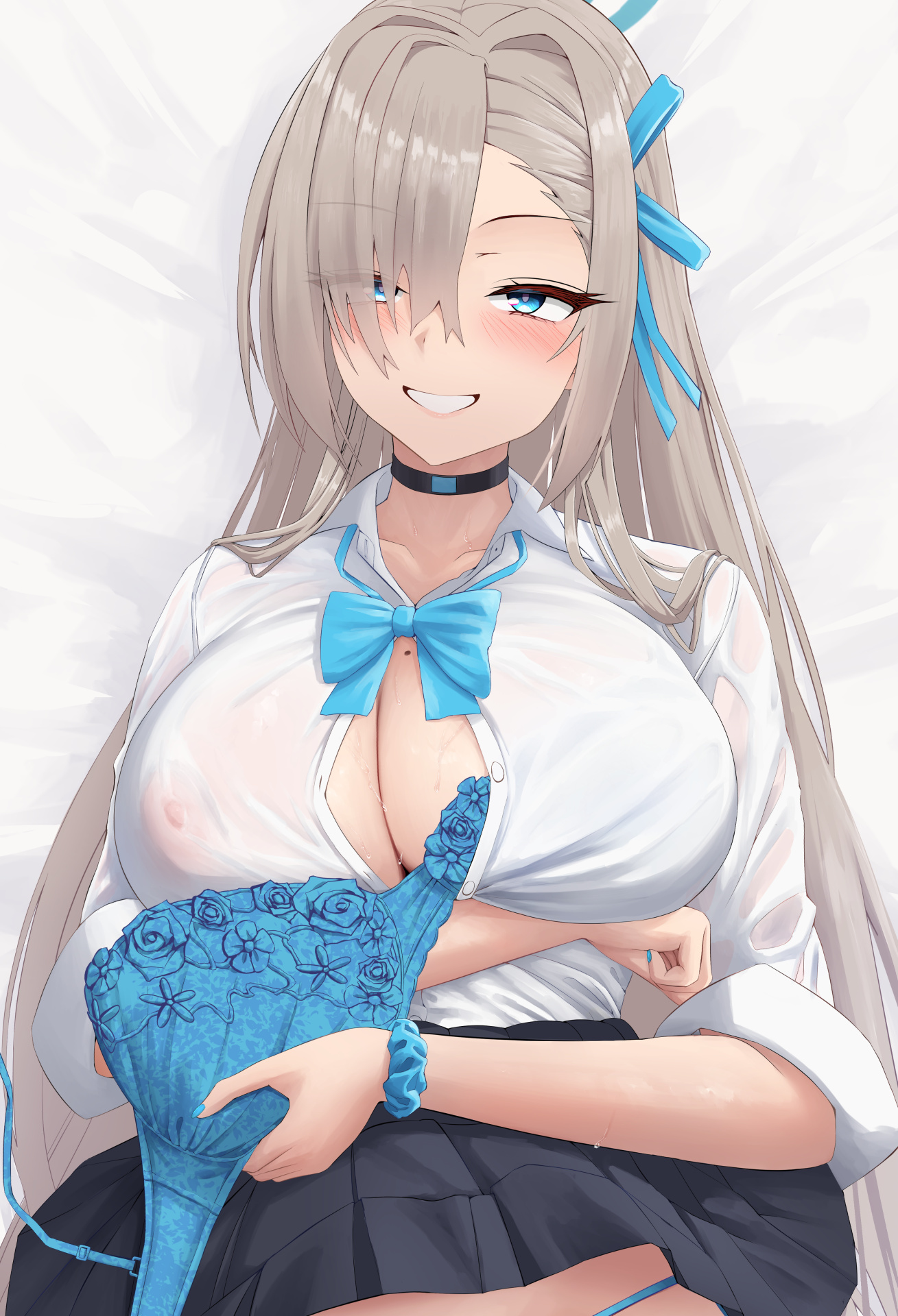1girls, asuna (blue archive), asuna (school uniform) (blue archive), black skirt, blonde hair, blue archive, blue bra, blue eyes, blue panties, blue ribbon, blush, bra, breasts, button gap, choker, cleavage, collared shirt, covered nipples, dress shirt, female, grin, hair over one eye, hair ribbon, halo, highres, large breasts, long hair, looking at viewer, panties, panty peek, pleated skirt, removing bra under shirt, ribbon, scrunchie, shirt, silver bullet (ecc12 8), skirt, skirt lift, sleeves rolled up, smile, solo, underwear, very long hair, white shirt, wrist scrunchie