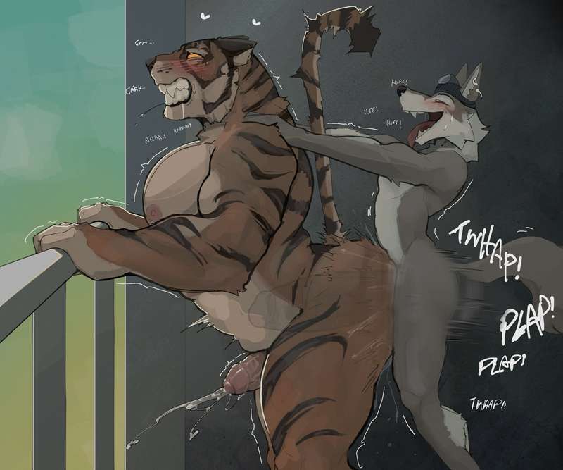 2025, 2boys, anal, anal sex, anthro, bara, big penis, blush, bodily fluids, canid, canine, canis, clenched teeth, cum, digital drawing (artwork), digital media (artwork), ejaculation, fast thrusts, felid, foreskin, fortnite, furry, gay, heart, huge cock, humanoid penis, kakhao, leaning, leaning forward, male, male/male, moan, moaning, muscles, muscular, muscular male, open mouth, opened mouth, orgasm, orgasm from anal, oscar (fortnite), outdoors, pantherine, pecs, penis, penis size difference, saliva, sex, shaking, size difference, small but hung, small dom big sub, small top big bottom, sweat, sweatdrop, sweating, sweaty, tail, text, thick penis, tiger, tongue, tongue out, twink, uncircumcised, wendell (fortnite), wolf, x-ray, x-ray view