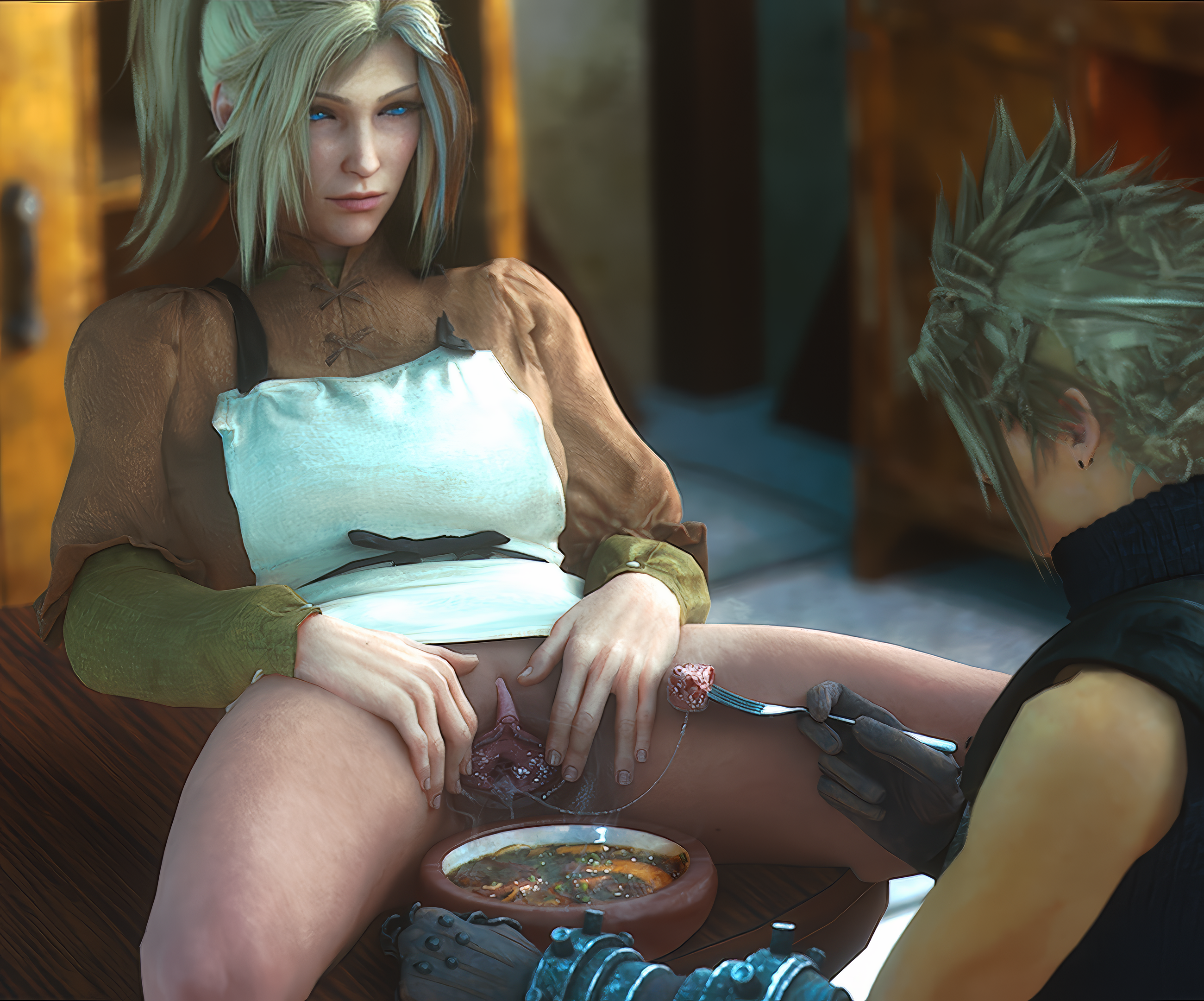 1boy, 1girl, 1girls, 3d, age difference, blonde hair, claudia strife, clothed, clothed female, clothed sex, clothes, clothes lift, clothing, cloud strife, female, final fantasy, final fantasy vii, final fantasy vii remake, food, genital fluids, genitals, human, human only, humanoid, humanoid genitalia, humanoid hands, incest, jjjjd, light skin, light-skinned female, light-skinned male, looking at partner, male, mother and son, open legs, partially clothed, pussy, pussy juice, pussy juice drip, pussy juice on food, pussy juice string, pussy lips, spread legs, spread pussy, spreading, vagina, vaginal fluids, vaginal penetration, video games, wip