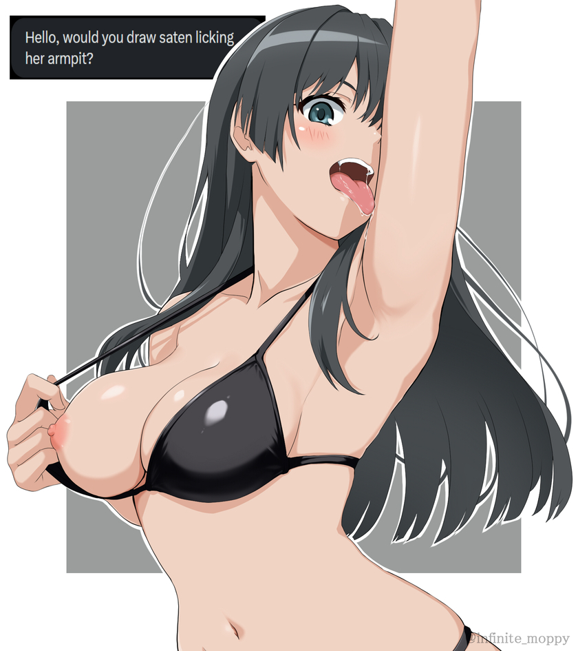 1girls, arm up, armpit licking, armpits, artist name, big breasts, bikini, bikini pull, bikini top pull, black bikini, black hair, breasts, busty, clothes pull, female, female only, green eyes, hair over one eye, highres, infinite moppy, large breasts, licking, licking armpit, long hair, looking at viewer, naughty face, navel, nipples, one breast out, open mouth, presenting breasts, pulled by self, saliva, saten ruiko, sensual, sexy, sideboob, solo, swimsuit, teeth, to aru kagaku no railgun, to aru majutsu no index, tongue, tongue out, voluptuous