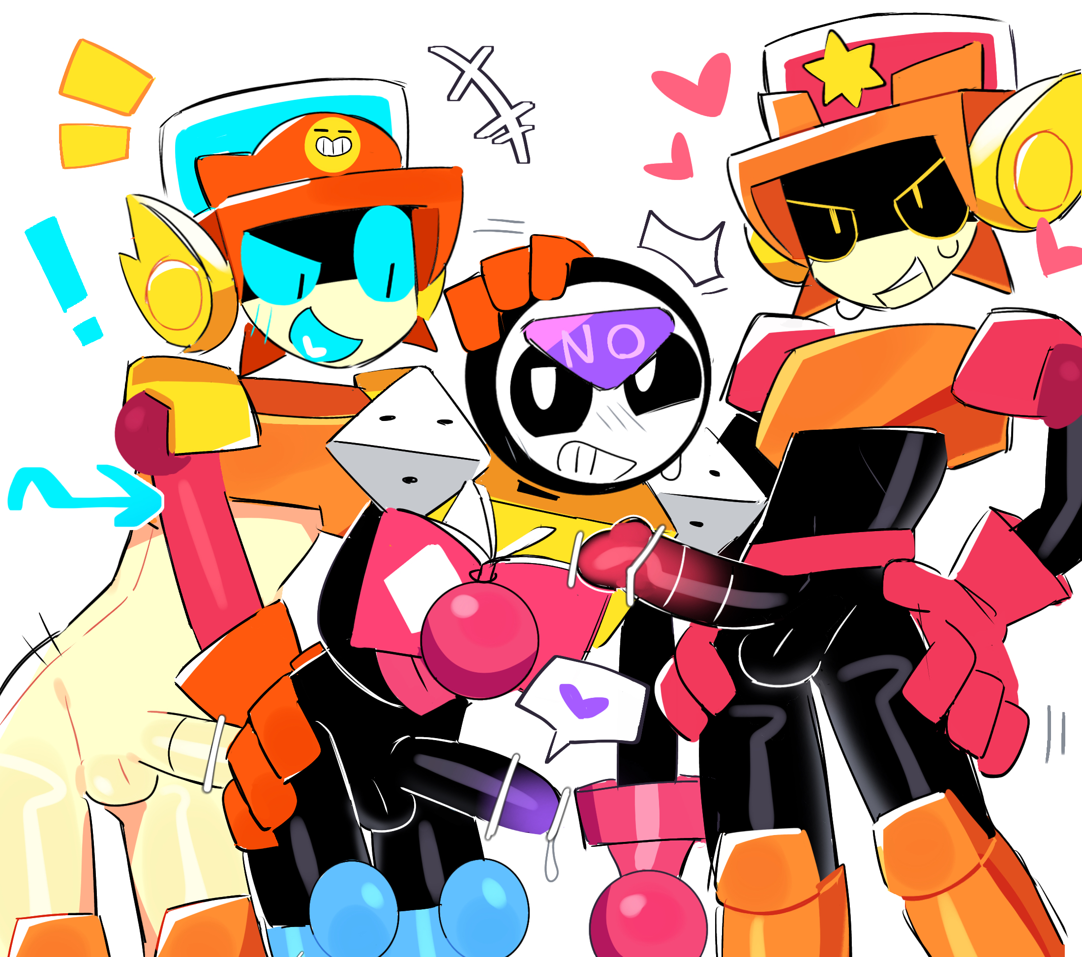 anal sex, black eyes, blue eyes, blush, brawl stars, brothers, censored, censored penis, color, cop, dice, emoji, exclamation mark, from behind, gay, gloves, glowing penis, heart symbol, helmet, holding head, incest, larry (brawl stars), lawrie (brawl stars), male, male only, male/male, meeple (brawl stars), notebook, open mouth, penis, pixiv, precum, robot, robot boy, robot penis, sex, simple background, smile, sweat, twins, wan txt, yaoi, yellow eyes