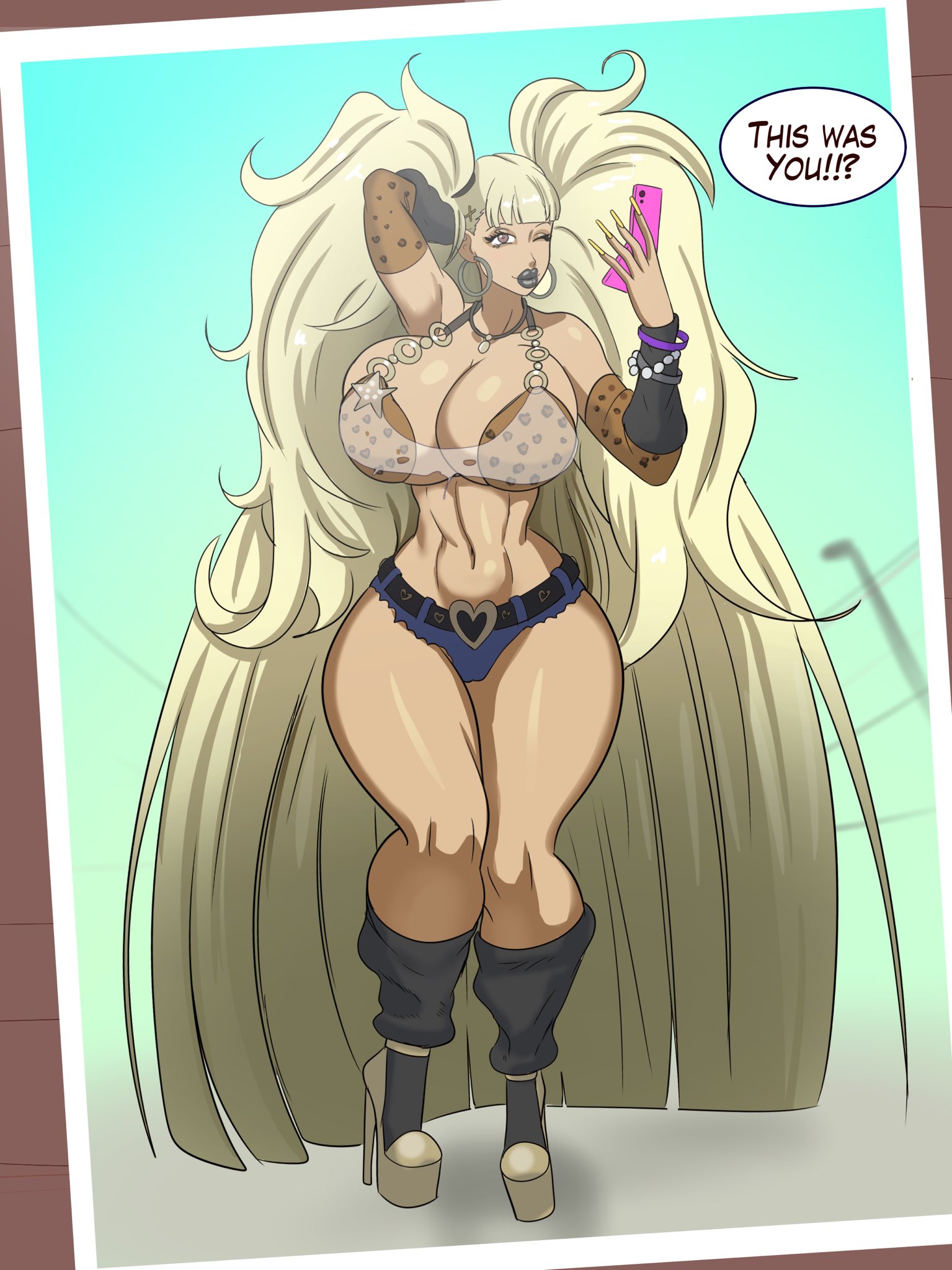 1girls, 2025, abs, annon, bare shoulders, belt, big lips, bimbo, bimbo body, bimbo lips, bimbofication, bimbofied, black belt, black lips, black lipstick, black socks, blonde hair, breasts, breasts bigger than head, brown eyes, brown eyeshadow, brown skin, brown skinned female, brown-skinned female, cleavage, clothed, clothed female, clothing, earrings, english, english text, eyeshadow, female, female only, fit, fit female, flip phone, full lips, gold heels, gold platform heels, gray lips, gray lipstick, gyaru, hair clip, hand behind head, heels, holding phone, hoop earrings, hoop earrings oversized, huge breasts, kayo tomiyama, leopard print, leopard print bra, lipstick, long hair, long nails, long socks, long twintails, makeup, midriff, nail polish, navel, necklace, persona, persona 5, persona 5: the phantom x, phone, photo, pink phone, platform heels, plump lips, revealing clothes, short shorts, shorts, solo, solo female, speech bubble, tan body, tan skin, tan-skinned female, tanned, tanned female, tanned skin, tanned-skinned female, text, text bubble, thick thighs, transparent clothing, transparent shirt, twintails, twintails (hairstyle), voluptuous, voluptuous female, wide hips, wink, winking, winking at viewer, yellow nail polish, yellow nails