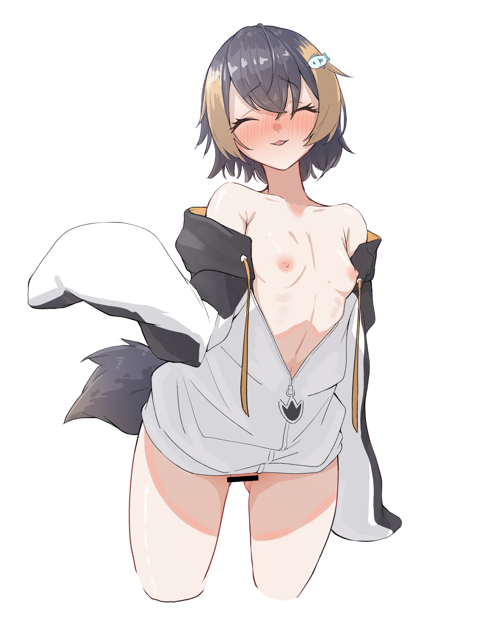 1girls, blush, bottomless, breasts, censored, female, jacket, jacket only, kkillusked, naked jacket, nijisanji, nijisanji en, nipples, petra gurin, pussy, short hair, small breasts, solo, tail, virtual youtuber, wide hips