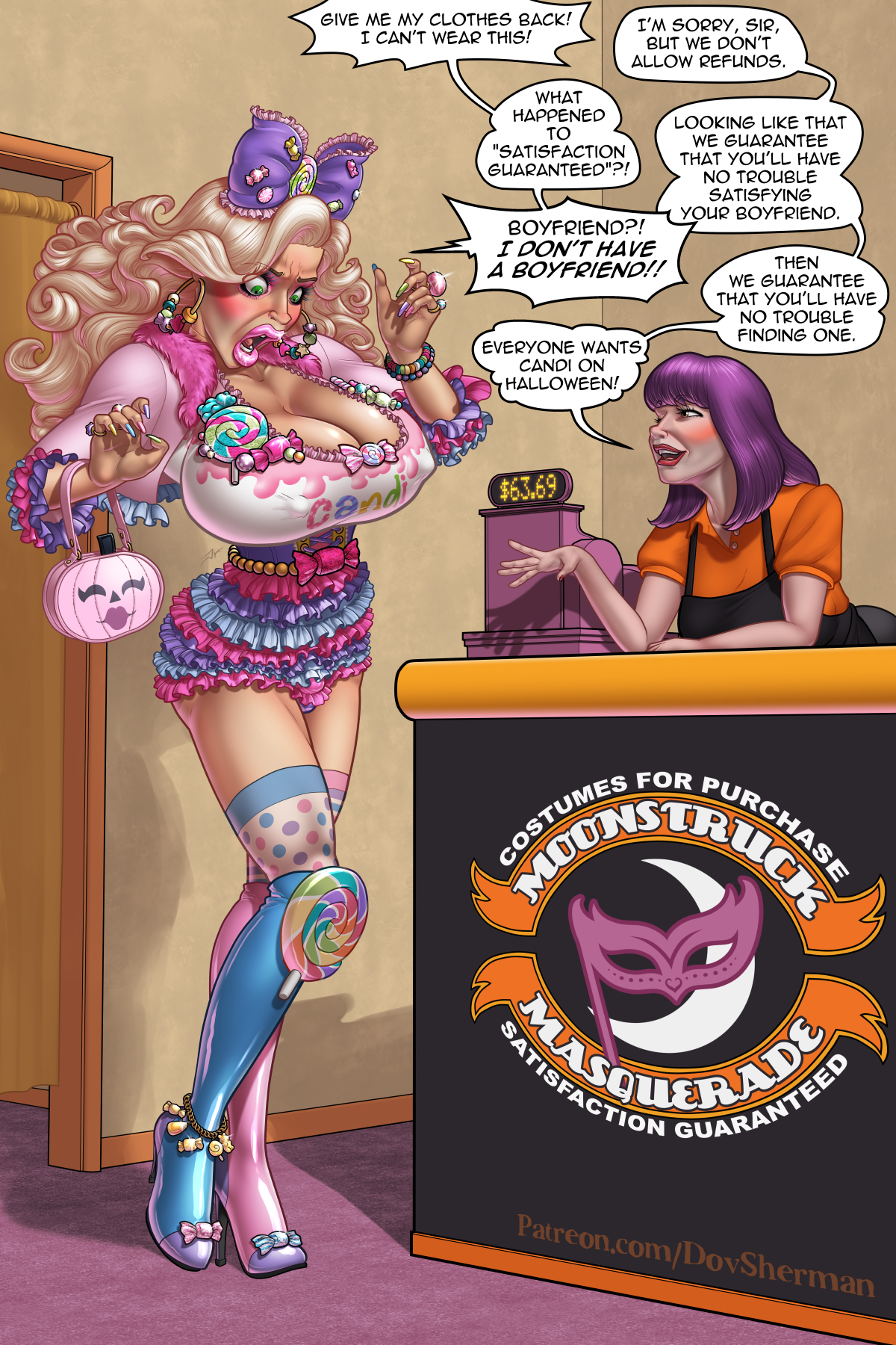 1boy, 1girls, anklet, apron, bimbo, bimbofication, blonde hair, blush, breast expansion, breast growth, breast growth (enlargement), breasts, breasts bigger than head, brown eyes, bulge, bulge under clothes, candy, corset, crossdressing, dovsherman, drag queen, earrings, embarrassed, employee, employee uniform, english, english text, female, feminization, frilled skirt, frills, green eyes, halloween, halloween pumpkin, halloween theme, heels, hoop earrings, huge breasts, latex, lipstick, makeover, makeup, male, multicolored nails, patreon, patreon url, patreon username, pink eyeshadow, pink lipstick, pink nails, price, purple hair, purse, red lipstick, ring, shocked, speech bubble, text, thigh highs, url