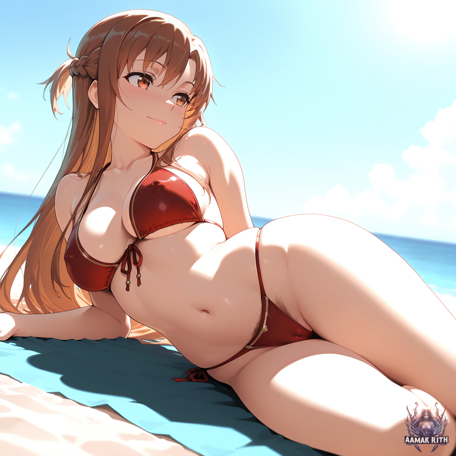 aamak rith, ai generated, bikini, female, female only, pussy, pussy hair, sword art online, yuuki asuna