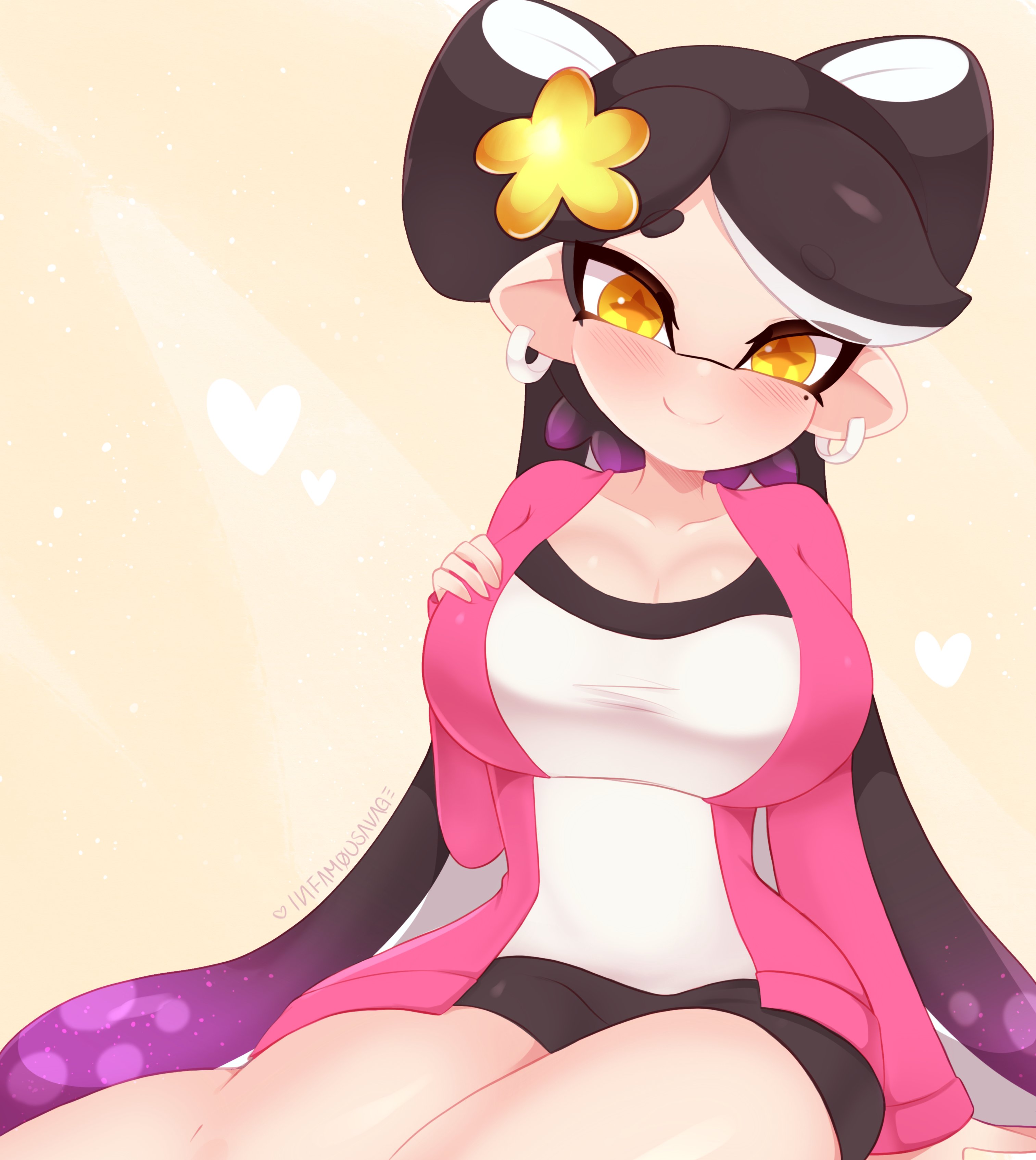 1girls, 2022, artist name, artist signature, big breasts, blush, breasts, callie (agent 1 casual), callie (splatoon), earrings, female, huge breasts, infamousavage, large breasts, looking at viewer, nintendo, shorts, splatoon, splatoon (series), tentacle hair, thick thighs, two-tone hair, yellow eyes