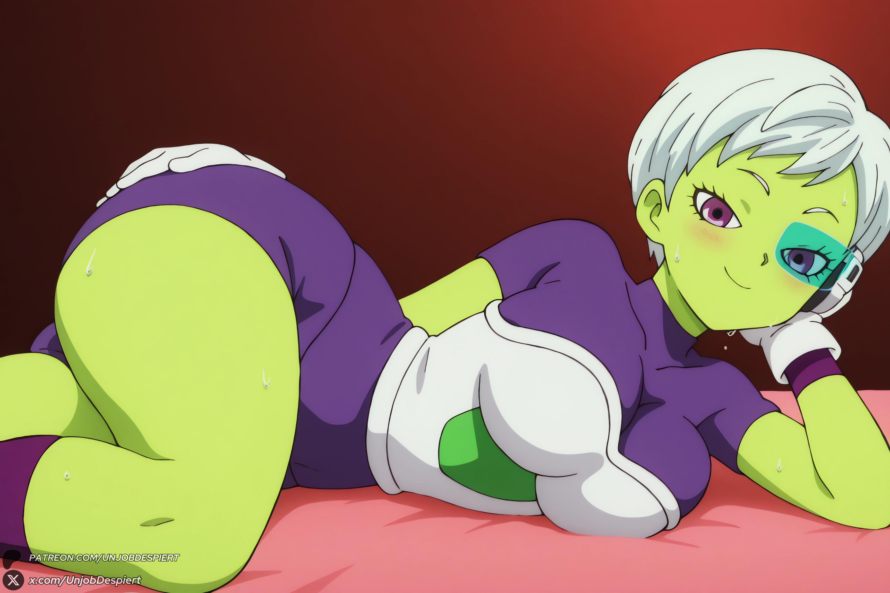 1female, 1girl, 1girls, 2026, ai generated, artist name, ass, big ass, big breasts, blush, bodysuit, breasts, cheelai, closed mouth, colored skin, curvy, dragon ball, dragon ball super, dragon ball super broly, female, female only, gloves, green skin, hi res, high quality, high resolution, highres, huge ass, huge breasts, large breasts, looking at viewer, lying, medium breasts, on side, patreon, patreon username, purple bodysuit, purple eyes, purple shorts, short hair, smile, solo, sweat, tinted eyewear, unjobdespiert, watermark, white gloves, white hair
