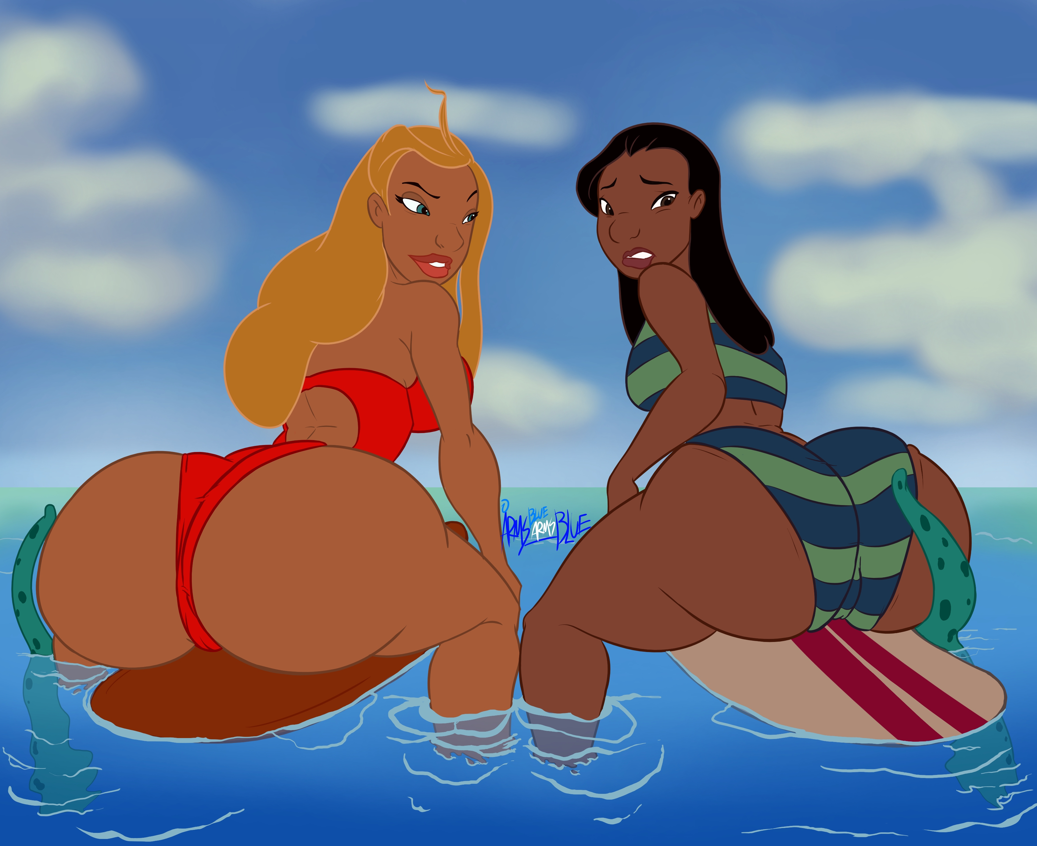 2girls, big ass, black hair, blonde hair, blue-moonarms, dark skin, dark-skinned female, disney, female, female focus, hawaiian, huge ass, lifeguard (lilo and stitch), lifeguard swimsuit, lilo and stitch, nani pelekai, rear view, sea, surfboard, swimsuit, tentacle, thick thighs, water, wide hips