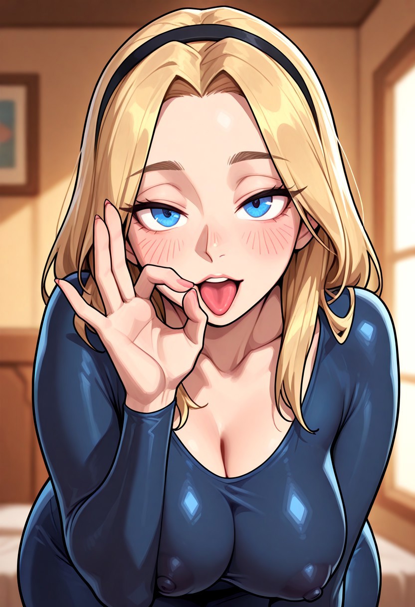 2d, ai generated, artist request, blonde hair, blue bodysuit, blue eyes, bodysuit, breasts, civitai, fellatio gesture, female, headband, headwear, league of legends, looking at viewer, luxanna crownguard, nipples visible through clothing, riot games, skin tight, skintight bodysuit, solo, solo female, solo focus, tagme, tight clothing, tongue