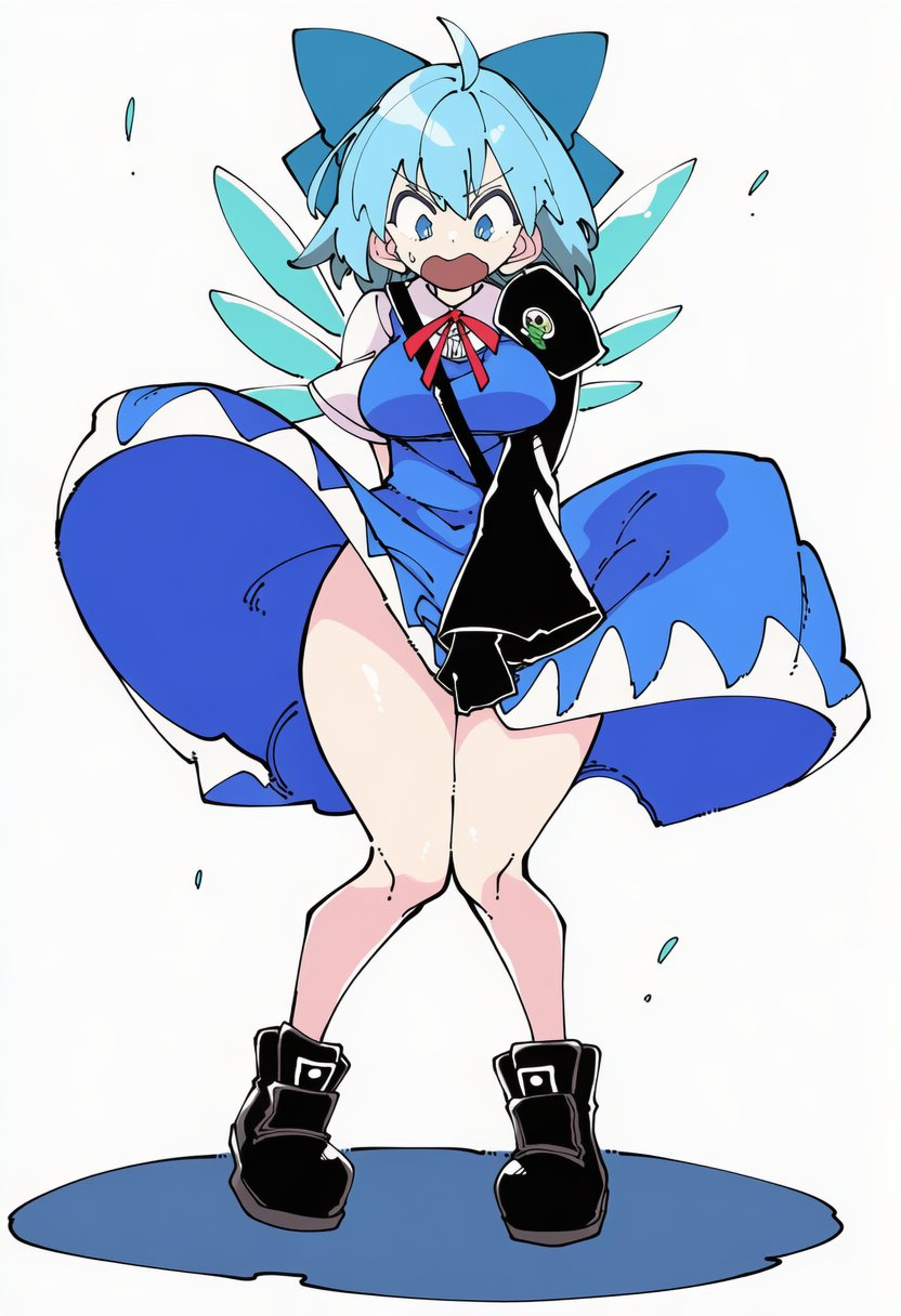 1girls, 2d, advent cirno, artist request, big breasts, big thighs, breasts, cirno, dress, female, huge thighs, skirt, thick thighs, touhou