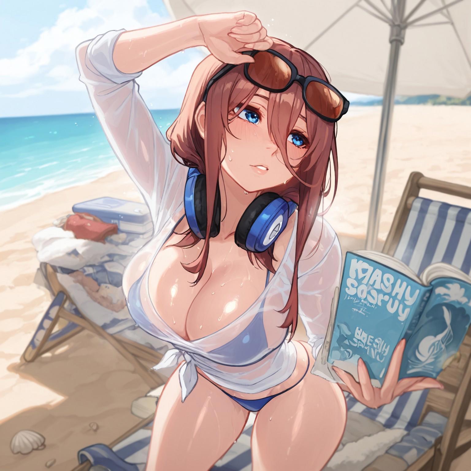 1girls, ai generated, arched back, ass, beach, beach chair, beach umbrella, big ass, big breasts, bikini, blue bikini, blue eyes, blush, book, breasts, brown hair, curvy, curvy female, cute, eyewear, eyewear on head, female, female focus, female only, go-toubun no hanayome, hair between eyes, headphones, headphones around neck, hi res, high resolution, highres, light skin, light-skinned female, lips, looking away, monekoze, nakano miku, outdoors, outside, sea, seashell, seaside, shiny skin, solo, solo female, solo focus, standing, sunglasses, sunglasses on head, sweat, sweaty, sweaty body, thick thighs, thigh gap, thighs, wet, wet body, wet clothes, wet skin