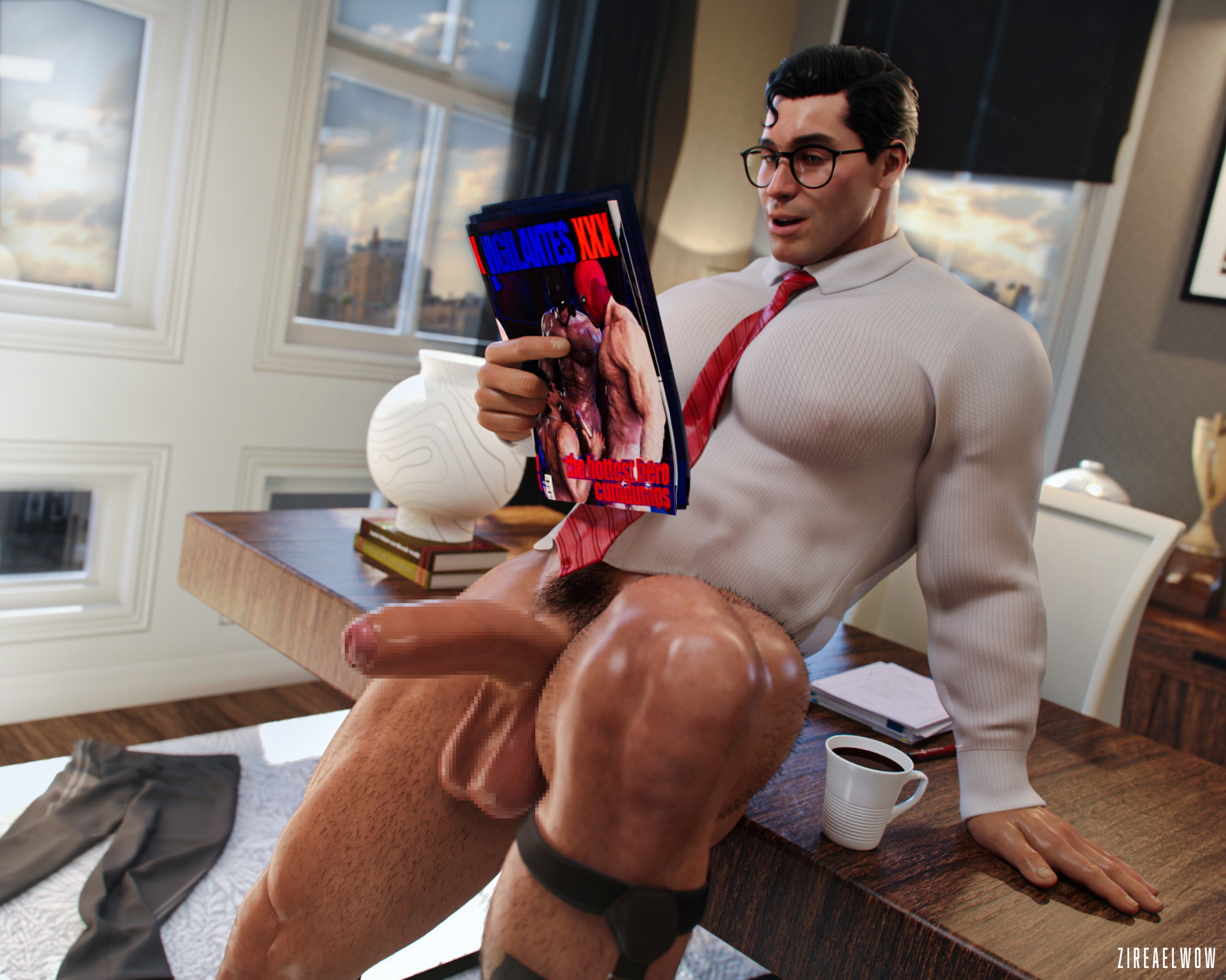 1boy, 3d, 3d (artwork), 3d artwork, balls, batman, batman (bruce wayne), bruce wayne, censored, censored genitalia, censored penis, clark kent, dc, dc comics, deathstroke, dick grayson, erect, erect cock, erect dick, erect penis, erection, foreskin, gay, glasses, hairy legs, hanging balls, heavy balls, justice league, kal-el, looking at magazine, magazine, male, male only, nightwing, no pants, no underwear, office, office clothing, pantless, pants on floor, penis, porn magazine, pubes, shiny body, socks on, solo, solo male, superman, superman (clark kent), superman (series), sweaty body, tie, uncircumcised, uncircumcised penis, white shirt, yaoi, zireael, zireaelwow