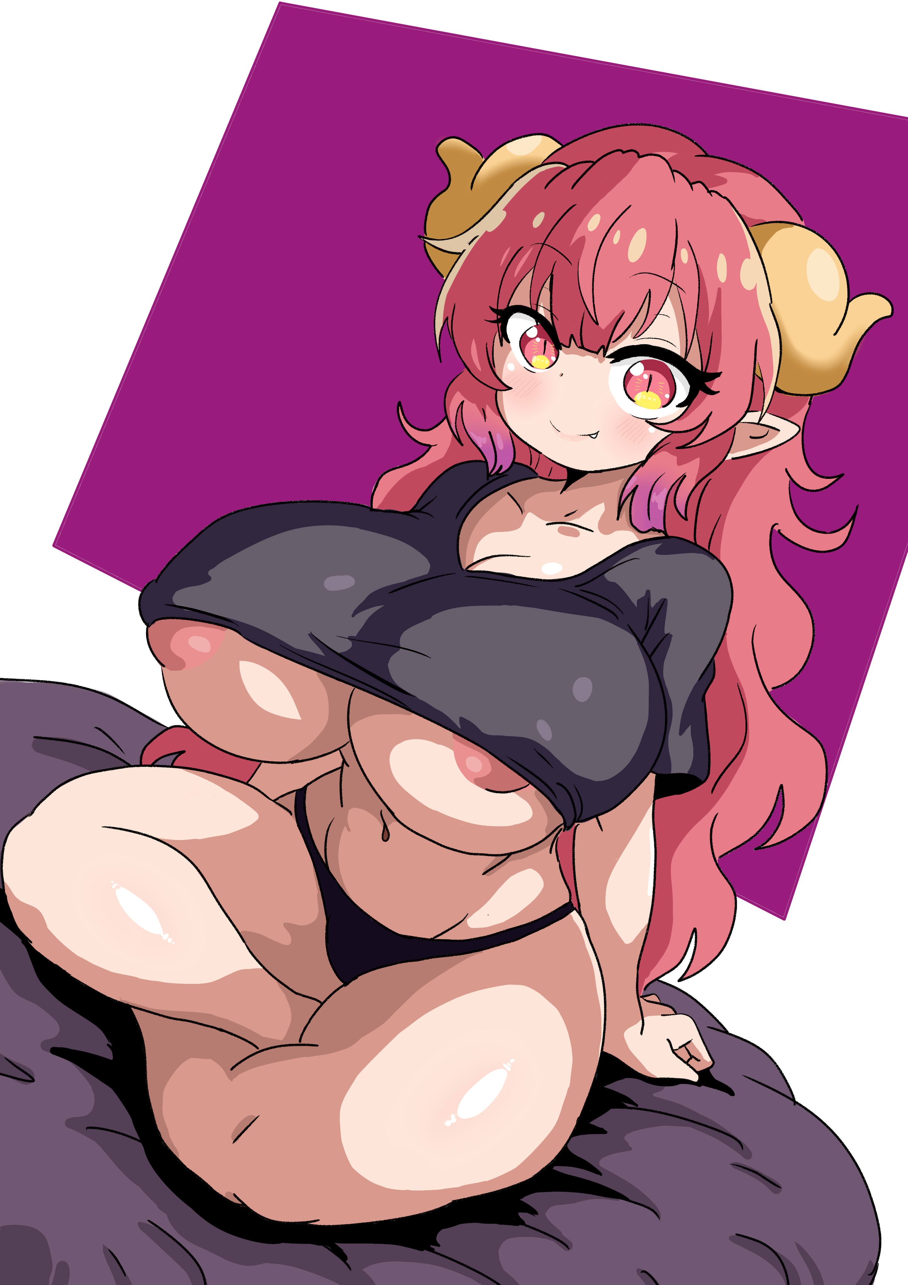 1girls, blush, breasts, dragon, dragon girl, dragon horns, dragon humanoid, eduardo31267693, female, hi res, high resolution, highres, horn, horned humanoid, horns, huge breasts, humanoid, ilulu, ilulu (dragon maid), ilulu (maidragon), kobayashi-san chi no maidragon, long hair, miss kobayashi's dragon maid, panties, pink eyes, pink hair, pointy ears, short stack, shortstack, slit pupils, small but busty, solo, solo female, solo focus, sweat, sweating, tagme, underboob, voluptuous, voluptuous female, yami neko