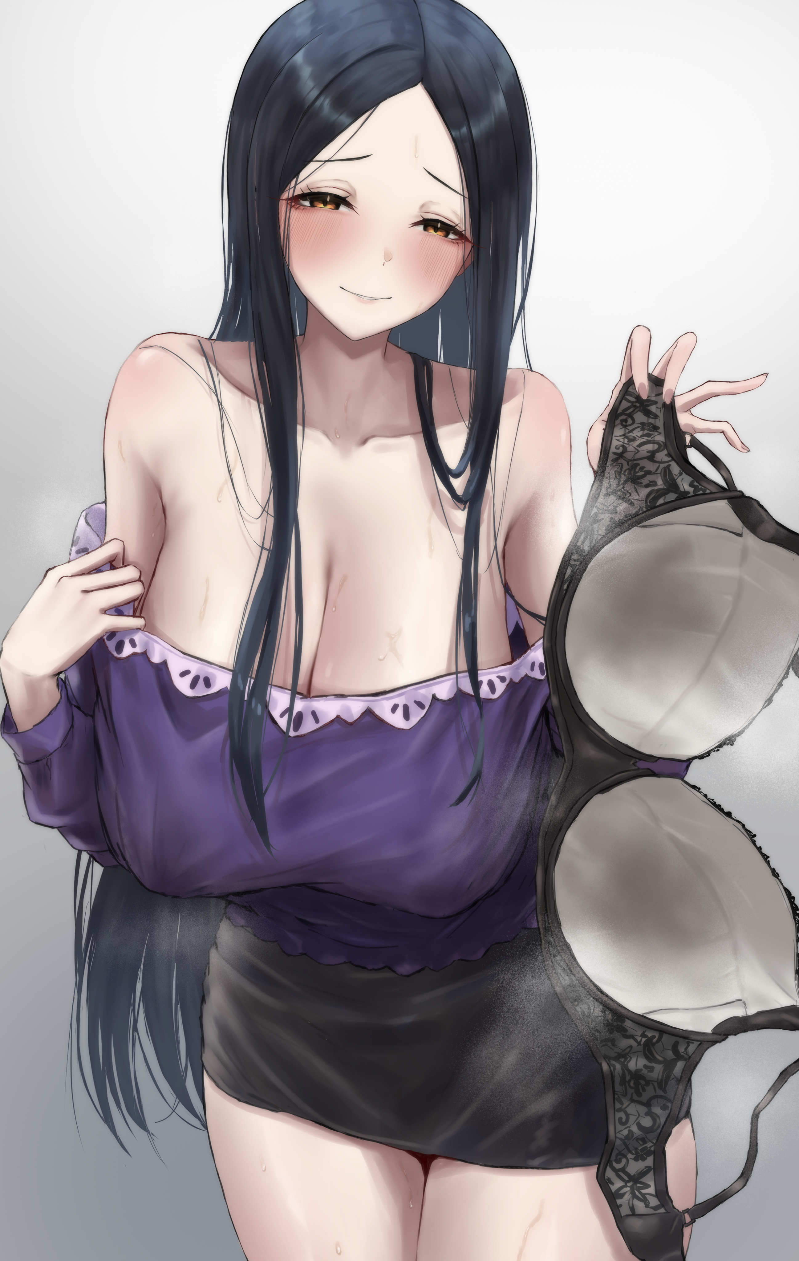 1girls, absurdres, bare shoulders, black bra, black hair, black skirt, blush, bra, bra removed, breasts, cleavage, collarbone, female, half-closed eyes, highres, hiiragi shino, holding, holding bra, holding underwear, holding unworn clothes, huge breasts, idolmaster, idolmaster cinderella girls, leaning forward, long hair, looking at viewer, off shoulder, off-shoulder shirt, parted bangs, presenting bra, purple shirt, shaddoll fusion, shirt, simple background, skirt, smile, solo, steaming body, straight hair, sweat, underwear, unworn bra, very long hair